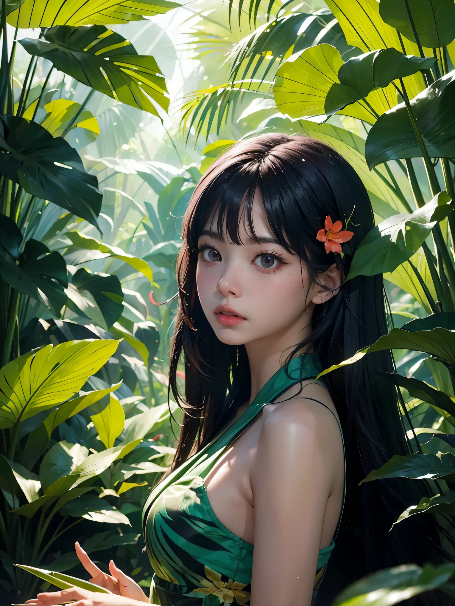 there are two people standing en una jungla with plants, obra de arte al estilo de guweiz, inspired by Yanjun Cheng, en un bosque tropical, by Yang J, en el estilo artístico de bowater, 🌺 sociedadcg, loish y ross tran, en una jungla, por Ni Tian, by Ryan Yee, loish y wlop