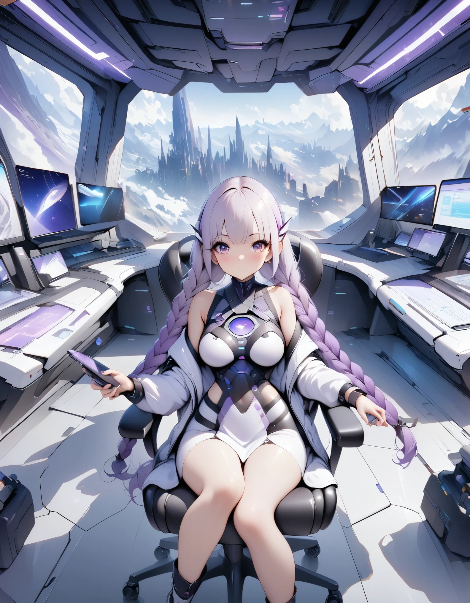 (Maximum resolution, clearly_image), best quality, masterpiece, Very detailed, interior of spaceship. You can see the scenery of an alien planet through the window, A girl, yinji,  purple hair, purple eyes, long hair, white hair, double braids, gradient hair, The entire space is filled with workstations with electronic devices and screens, 