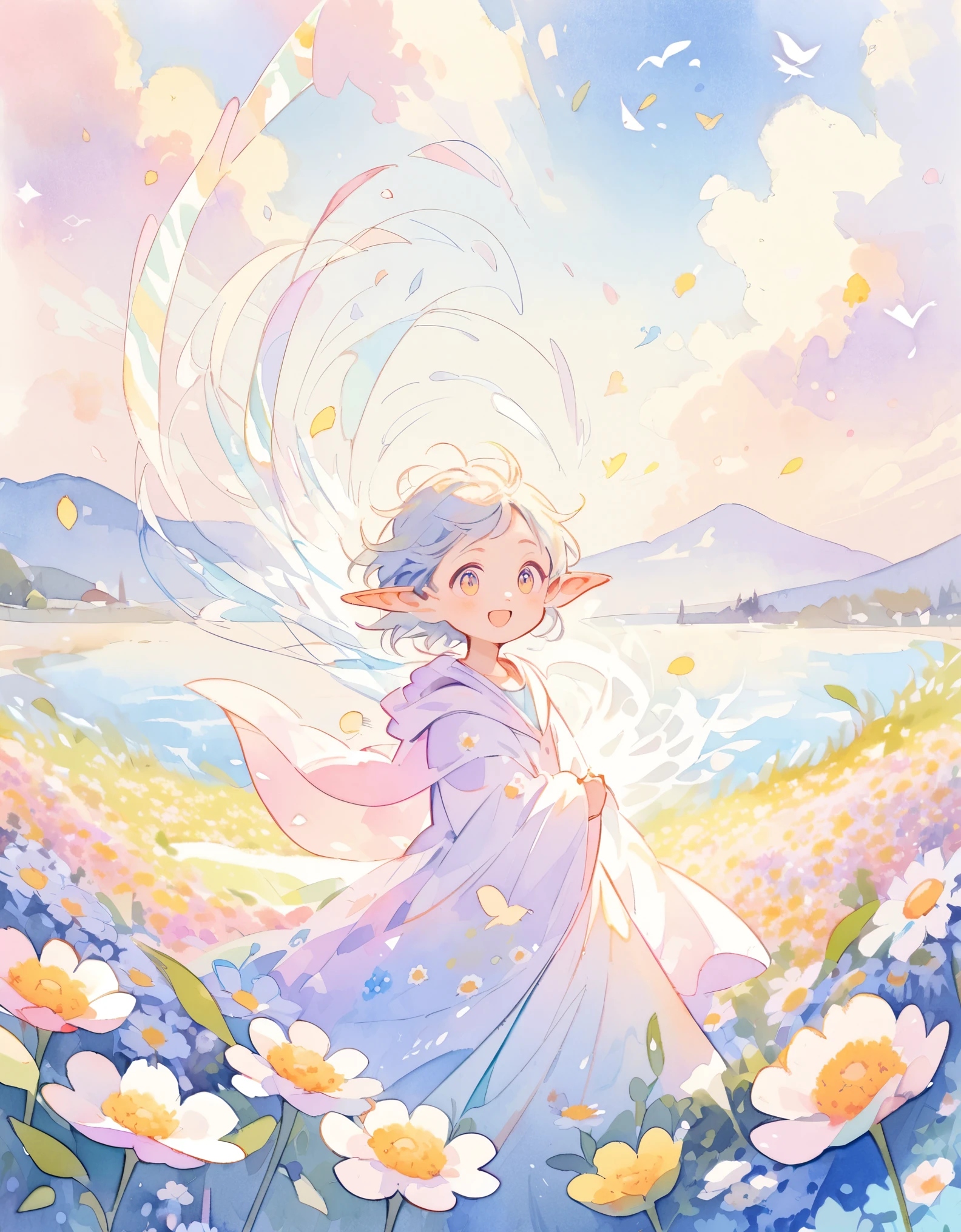 Elf Boy, Pointy Ears, Magic Robe, Expressions of joy, Magic Wind, natural environment, ((Flower Field, pastel colour)), Lakeside, Watercolor. Whimsical and delicate style, Illustrations for children, Children&#39;s book illustrations, masterpiece:1.2,