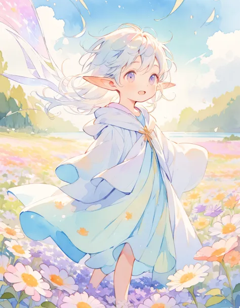 Elf Boy, Pointy Ears, Magic Robe, Expressions of joy, Magic Wind, natural environment, ((Flower Field, pastel colour)), Lakeside...