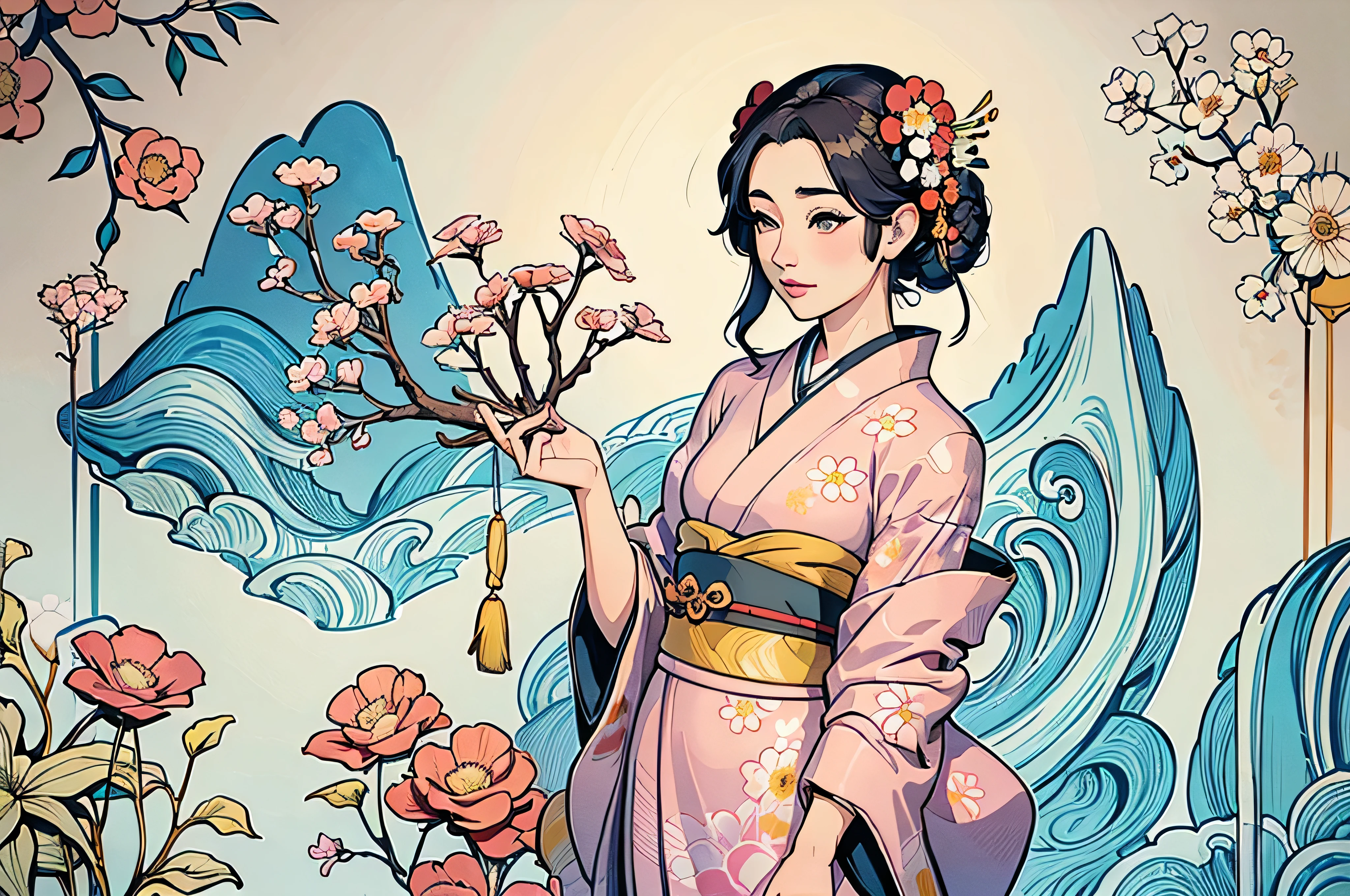 there is a woman em um quimono dress standing in front of a floral background, no ukiyo art style - e, Estilo de arte japonesa, inspirado em Ito Shinsui, inspirado em Nishikawa Sukenobu, de quimono, em um quimono, estilo ukiyoe, elegante mulher japonesa, japanese illustrator, Japanese related to flowers, a beautiful art illustration