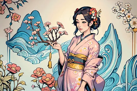 there is a woman em um quimono dress standing in front of a floral background, no ukiyo art style - e, Estilo de arte japonesa, ...