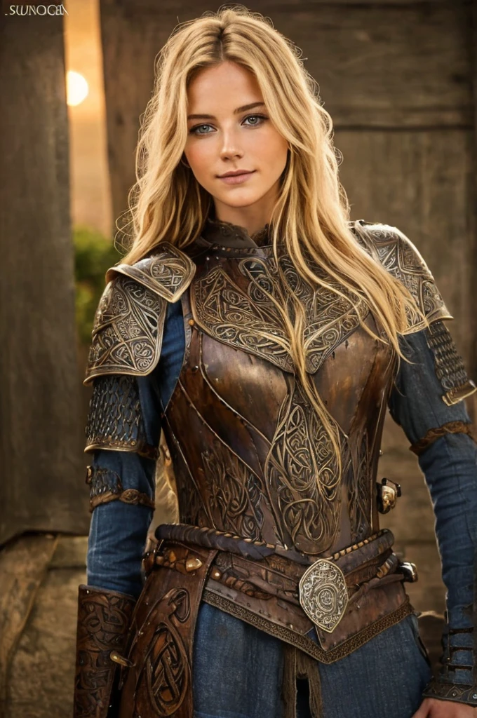 Jeune femme de 25 ans, visage fin, cheveux long, cheveux blonds, yeux bleus, HD, 8K, masterpiece, sourire romantique, sexy, metal lingery, celtic design chest armor, guerrière viking, celtic tattoo, at night, aurore boreale, milky way