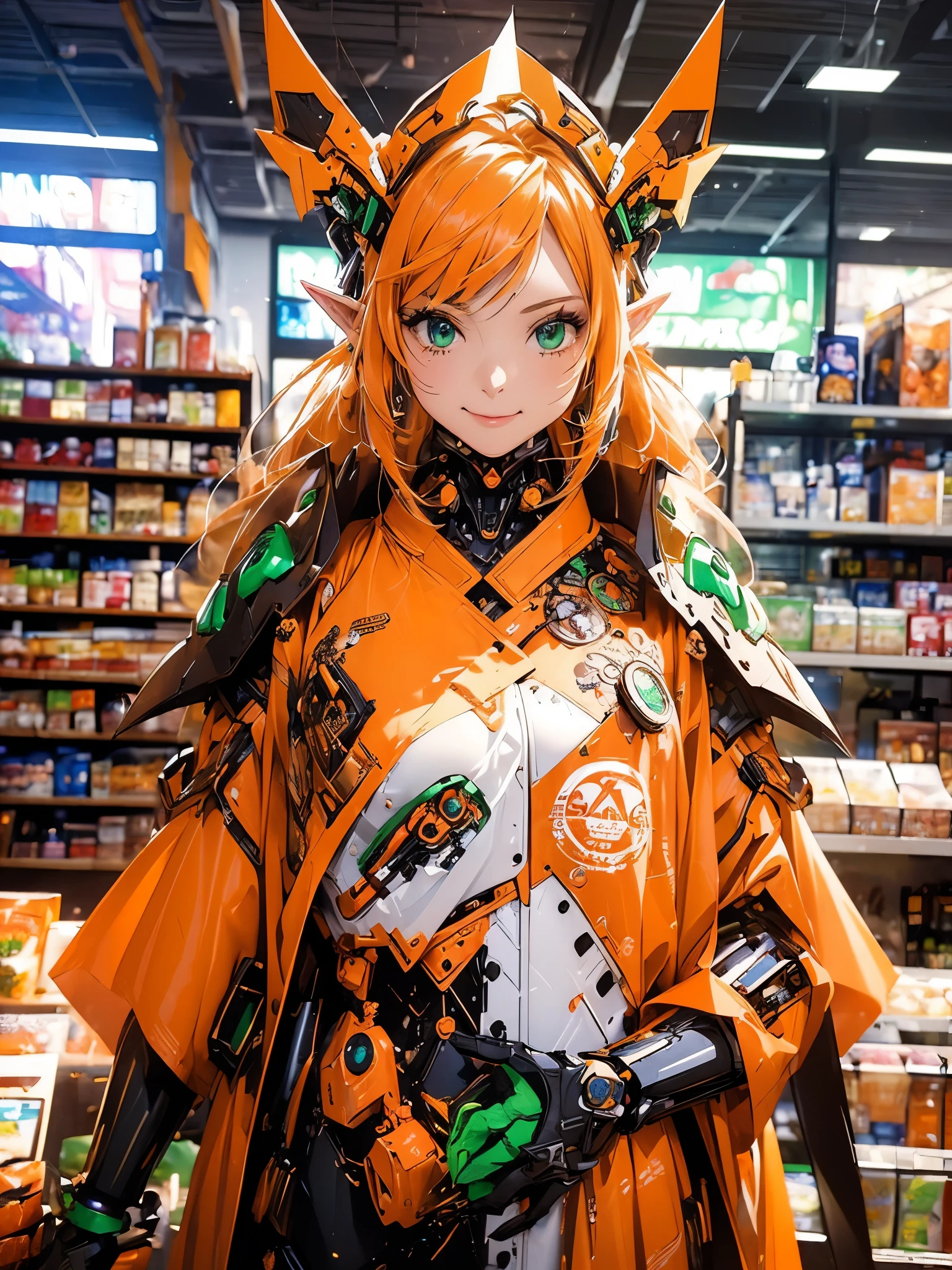 (masterpiece:1.4), (highest quality:1.4), Very detailed, complicated, Super detailed, (Perfect Face), Cyborg Elf、smile、mecha、Clothes that cover almost everything except the face、Orange robe、、Green Eyes、Upper body only、Cyberworld, Cyberpunk,shop,In the background there is a shelf of sweets.、General store、A lot of sweets