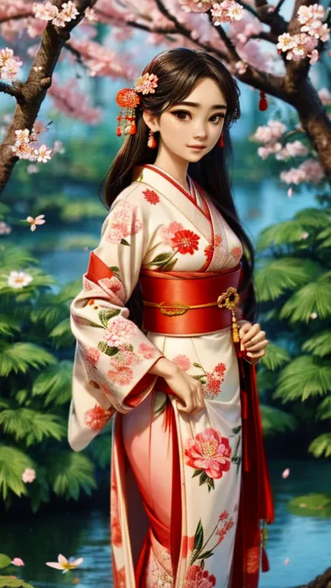 a beautiful woman in a traditional japanese kimono, detailed face and eyes, long hair, elegant pose, ornate kimono with floral p...