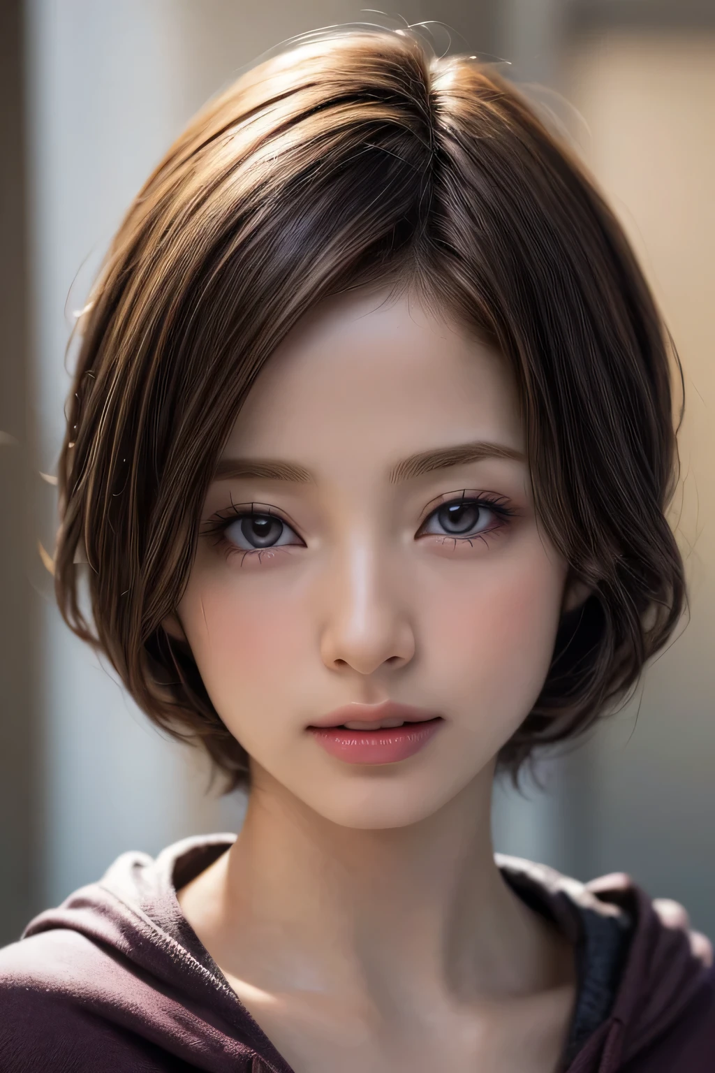 (NSFW:-1.5), (masterpiece:1.3), (8k, photorealistic, RAW photo, best quality: 1.4), 
cinematic lighting, 
(1girl), beautiful face, (realistic face), 
beautiful hairstyle, (short hair :1.5),
realistic eyes, beautiful detailed eyes, 
(realistic skin), beautiful skin, 
(hoodie without a hood), 
absurdres, attractive, 
ultra high res, ultra realistic, highly detailed, 
golden ratio, 
