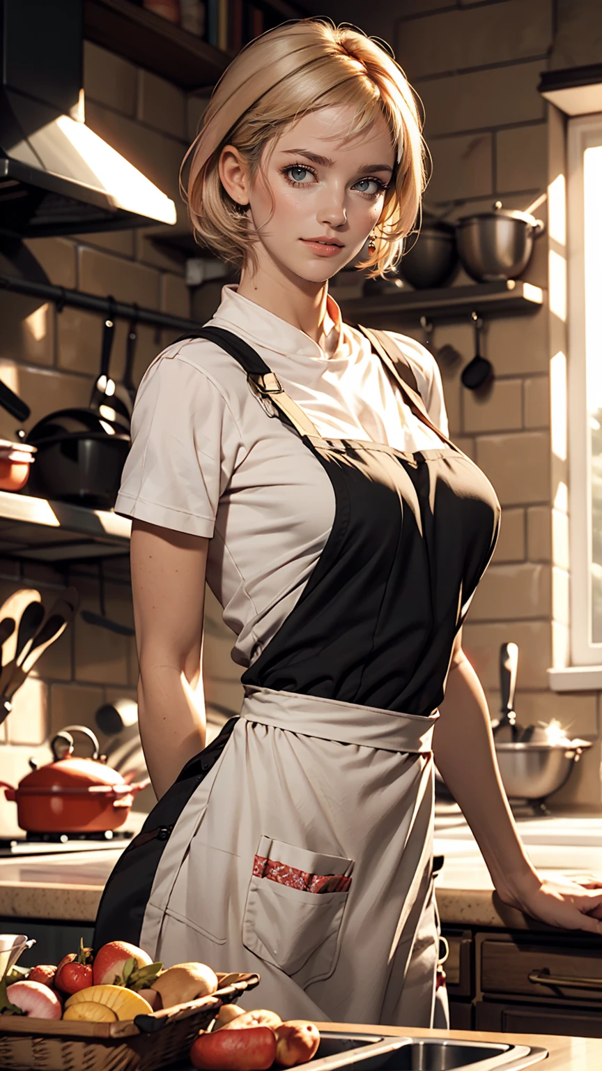 Close-up portrait of a woman, Classic Bob, apron, Great body, Distinctively feminine traits, Big Breasts, kitchen, [Ash Blonde | Ginger | Pink Hair], freckles, Flirting on camera