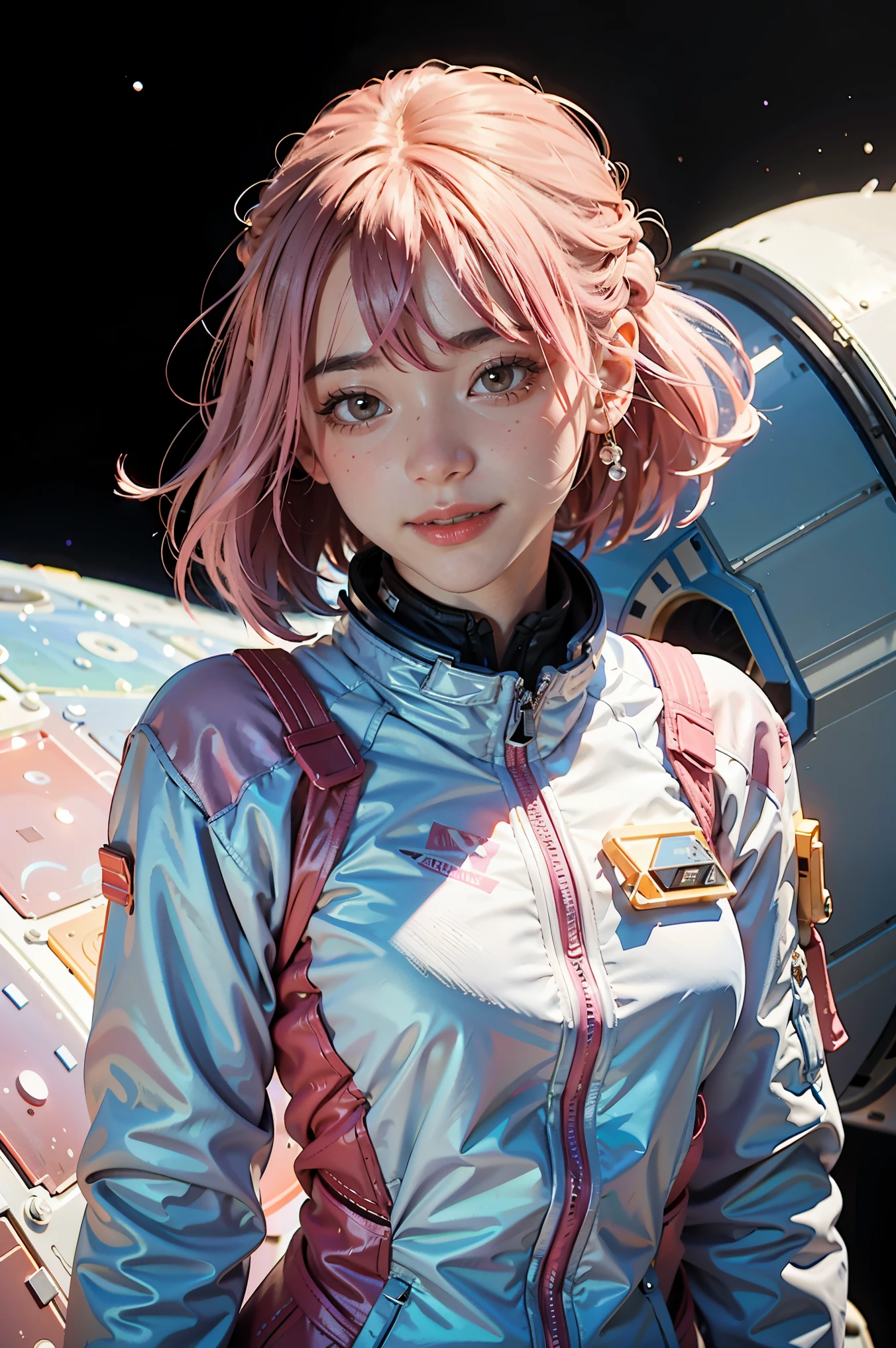 (best quality, masterpiece), 1girl, pose, particle, wind, flower, upper body, simple background, looking at viewer, pink hair, galaxy, space suit, 