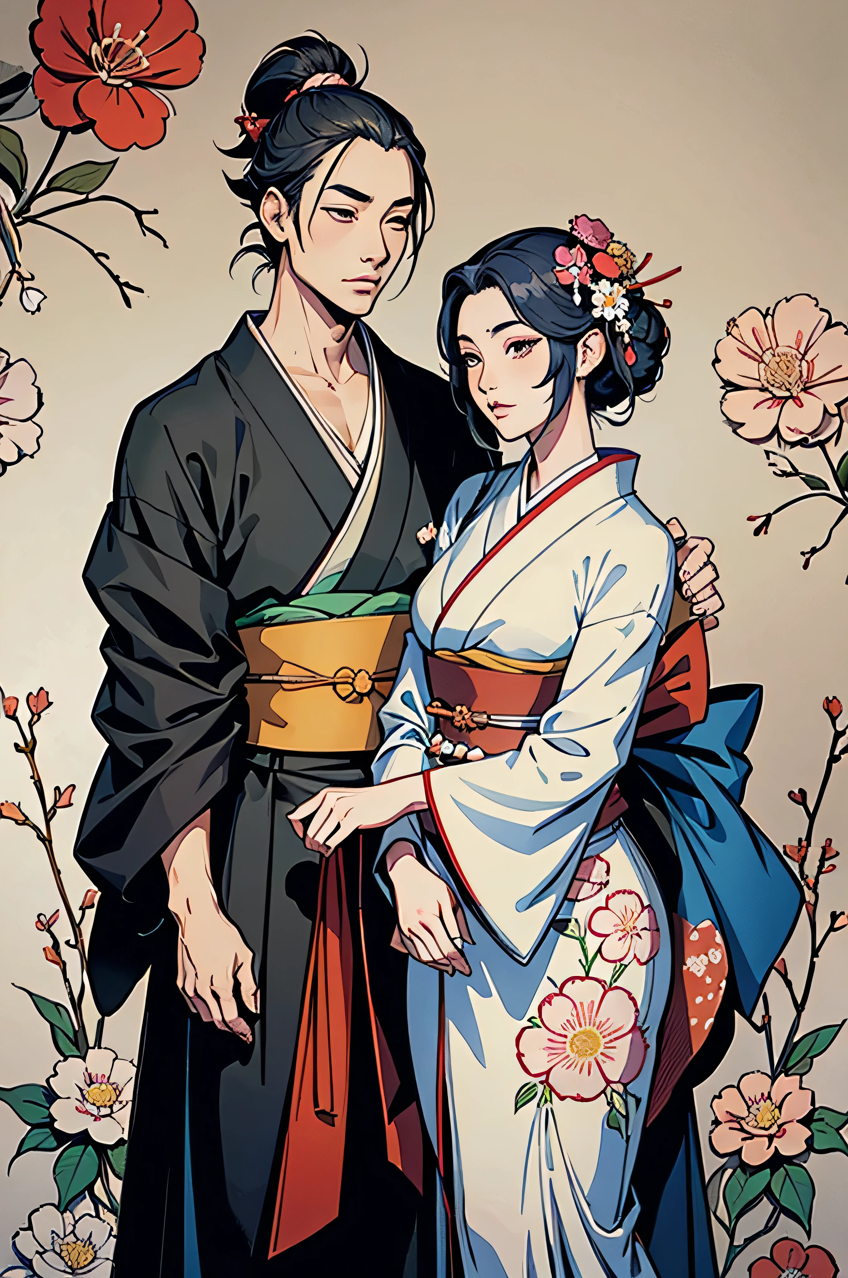 there is couple em um quimono dress standing in front of a floral background, no ukiyo art style - e, Estilo de arte japonesa, inspirado em Ito Shinsui, inspirado em Nishikawa Sukenobu, de quimono, em um quimono, estilo ukiyoe, elegante mulher japonesa, japanese illustrator, Japanese related to flowers, a beautiful art illustration, woman is a gueixa and man is a samurai, samurai and gueixa, maiko