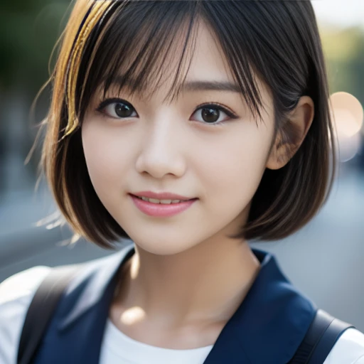 可愛的 15 歲日本人、在路上、高度詳細的臉部、注意細節、雙眼皮、美麗的細鼻子、銳利的焦點:1.2、美麗的女人:1.4、(短髮)、純白的皮膚、最好的品質、傑作、超高解析度、(實際的:1.4)、高度細緻和專業的照明、美麗的笑容、日本女學生製服