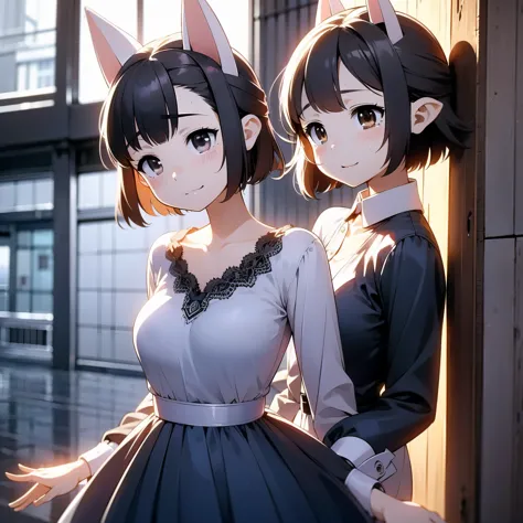 Hasaha、２People Girls、solo、Animal Ears、Black Hair、Brown eyes、Pointed Ears、Short Hair、Fox Ears、Animal Ears、 Sexy maid outfit、Cute ...