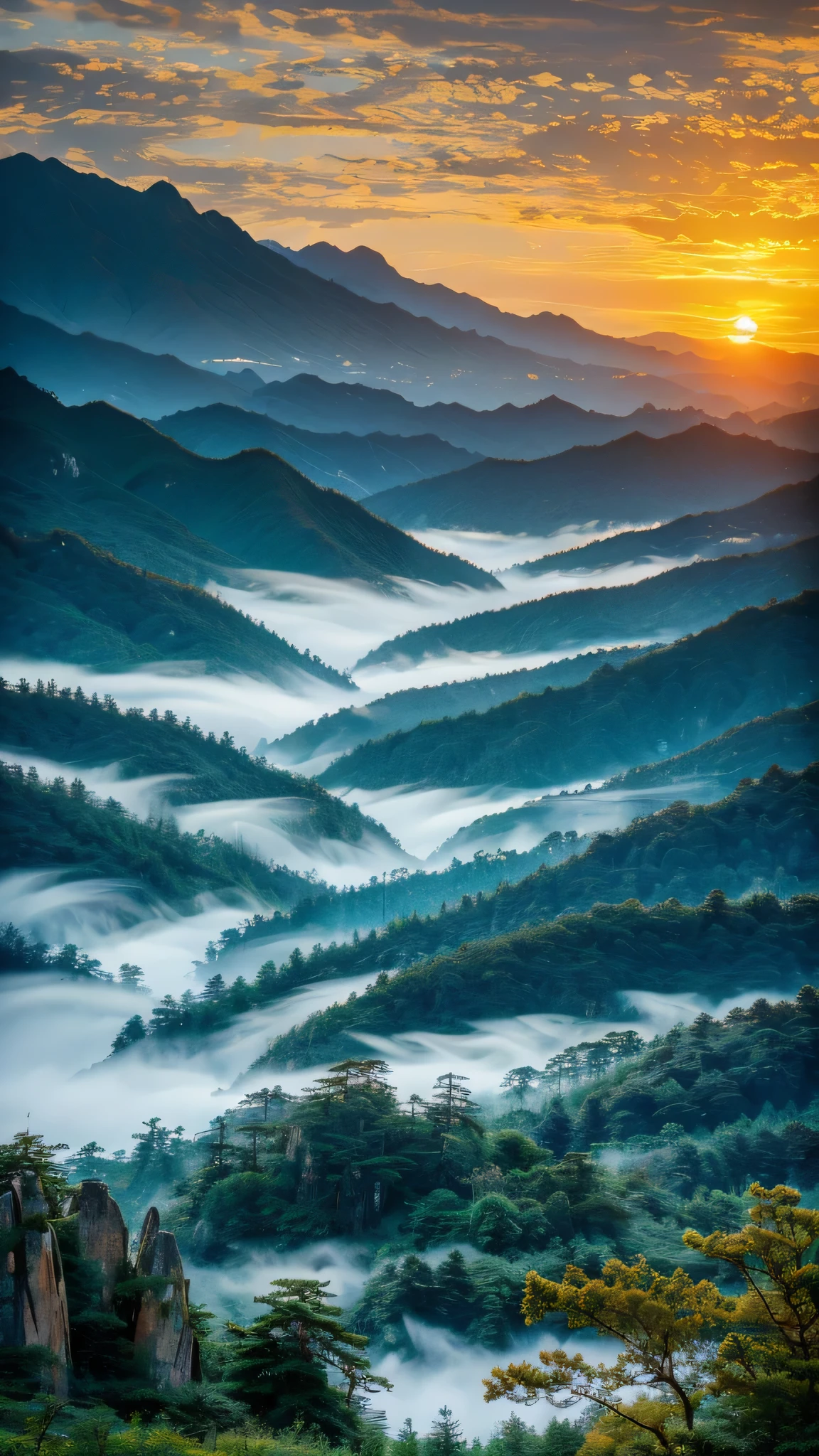 Landscape Photography，Huangshan，Mountain，Sunset，Golden Hour，pine，National Geographic Works，Award-winning photos，reality，HD，high quality，HDR，8K