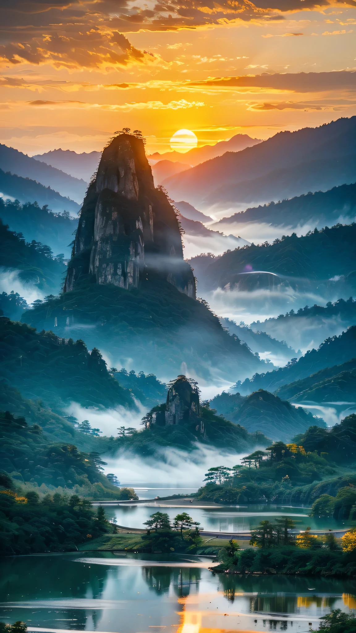 Landscape Photography，Huangshan，Mountain，Sunset，Golden Hour，pine，National Geographic Works，Award-winning photos，reality，HD，high quality，HDR，8K