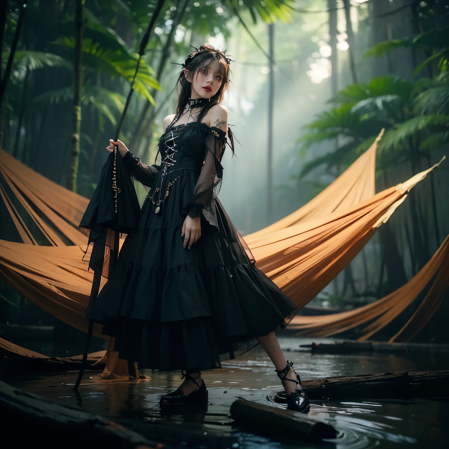 artistically refined, true-to-life visuals, breathtaking aesthetics, diffused natural skin glow, Girl , 24-years-old, slender, floating Medium Hair, bangs, (Gothic_punk dress:1.2), masterpiece, best quality, RAW Photos, candytt, zwd, (Midsummer Night's Dream:1.4)