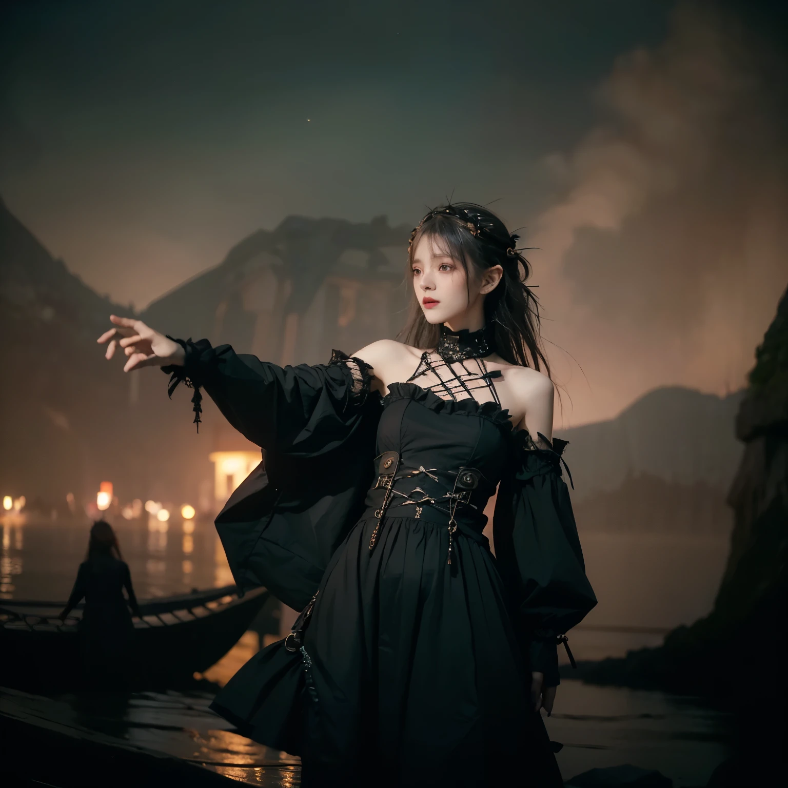 artistically refined, true-to-life visuals, breathtaking aesthetics, diffused natural skin glow, Girl , 24-years-old, slender, floating Medium Hair, bangs, (Gothic_punk dress:1.2), masterpiece, best quality, RAW Photos, candytt, zwd, (Midsummer Night's Dream:1.4)