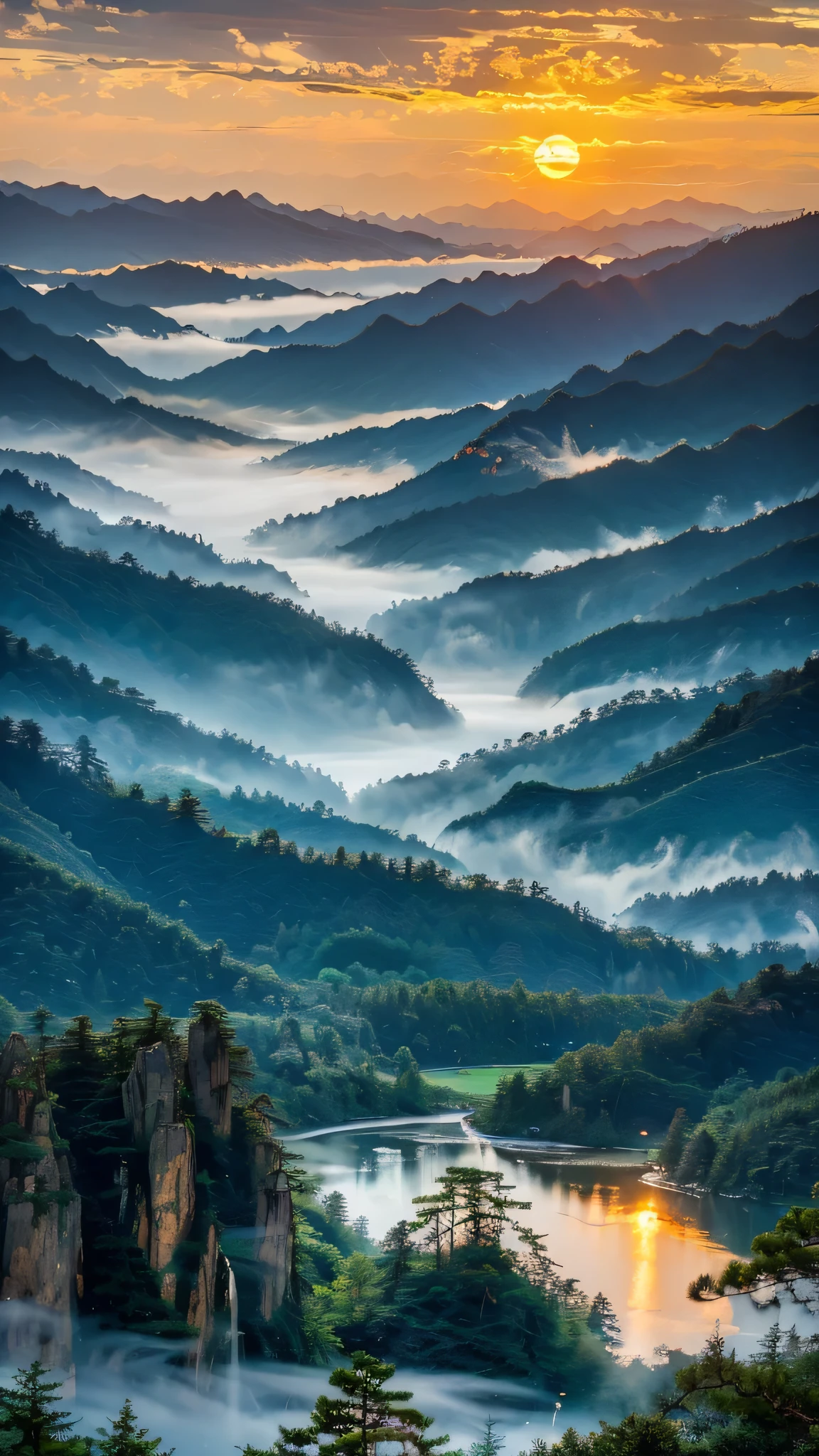 Landscape Photography，Huangshan，Mountain，Sunset，Golden Hour，pine，National Geographic Works，Award-winning photos，reality，HD，high quality，HDR，8K