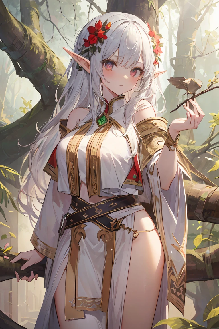 ((absurdres absolutely resolution, Masterpiece,Best quality,Ultra-detailed)), beautifull detailed face, detailled eyes, Elf girl, silver hair, holding a big bow, (((standing on the branch of a big tree))), nocked and ready to shoot an arrow