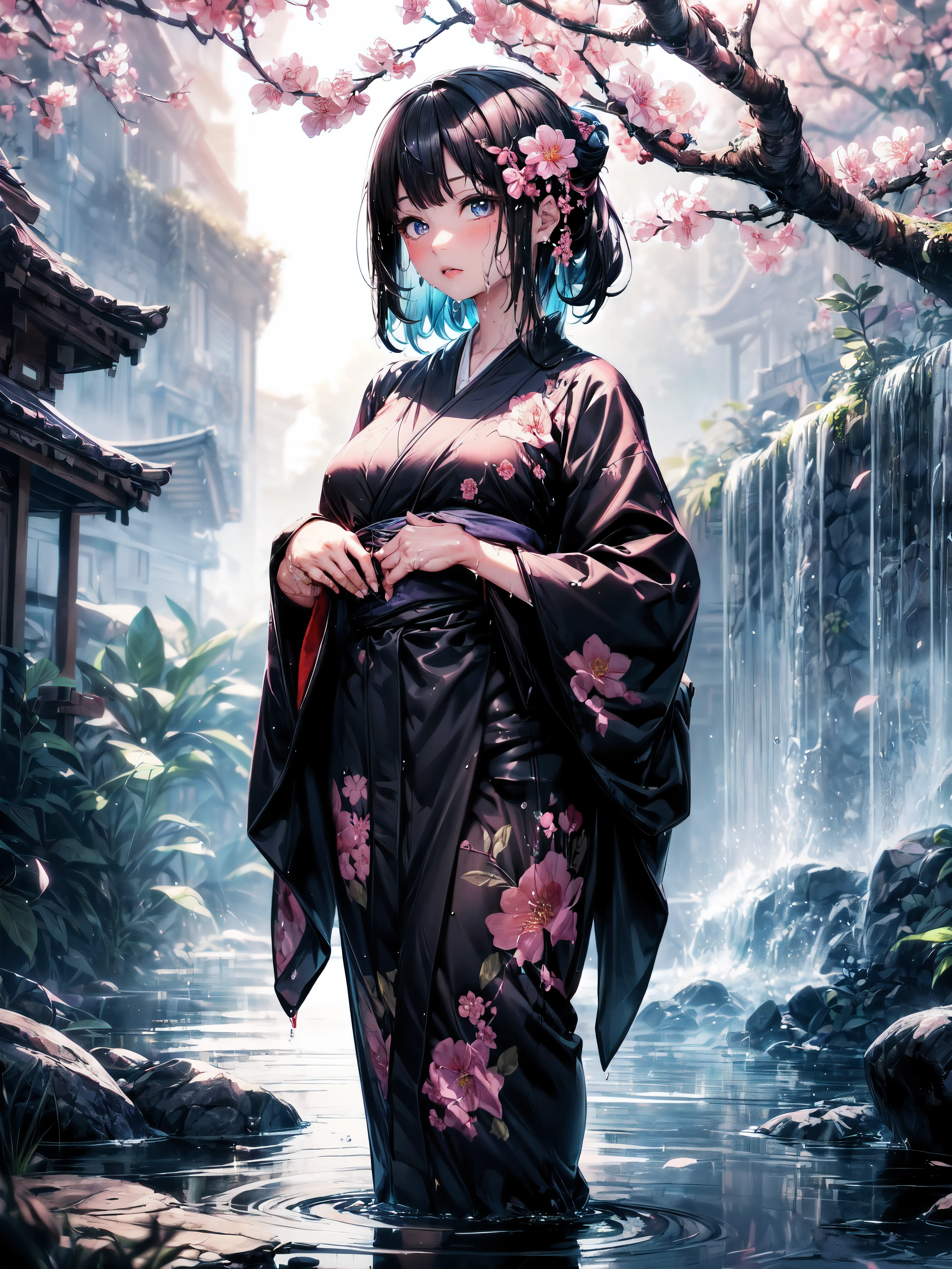 (Une fillette de 7 ans:1.2), (Très jeune petite fille), changement, (seulement), (petite poitrine), (grand angle), photo brute, Esthétique, Convoluté, Récompensé, clair-obscur, Meilleure qualité, contexte détaillé, (atmosphère brumeuse:1.2), (dure journée de pluie:1.1),((Fille en kimono de coton noir:1.2)), grand kimono en coton noir, grand kimono noir avec une texture en coton, très longue manche kimono noire, meilleures rides, De vraies rides, Meilleures ombres, (mouillé, mouillé body, mouillé hair, mouillé skin, very mouillé black kimono, reflection on the mouillé kimono, broderie délicate de fleurs de cerisier, de subtiles gouttelettes d&#39;eau:1.15), (pulvérisateur d&#39;eau:1.1), (Kimono en tissu, meilleure ride de kimono, Enveloppement de mucus transparent), (Parcourez le (Brume sombre Jardin Zen)), (emplacement réel), yeux délicats et beaux, Pose décontractée, Textures détaillées, posant, (corps anatomiquement correct, Visage détaillé, (kimono aux textures très détaillées avec motif floral), (cheveux noirs), cheveux volumineux, ornement de cheveux, Couleurs vives, Expression calme, regarde le spectateur, paysage paisible, sensation de propreté et de fraîcheur, De l’eau belle et détaillée