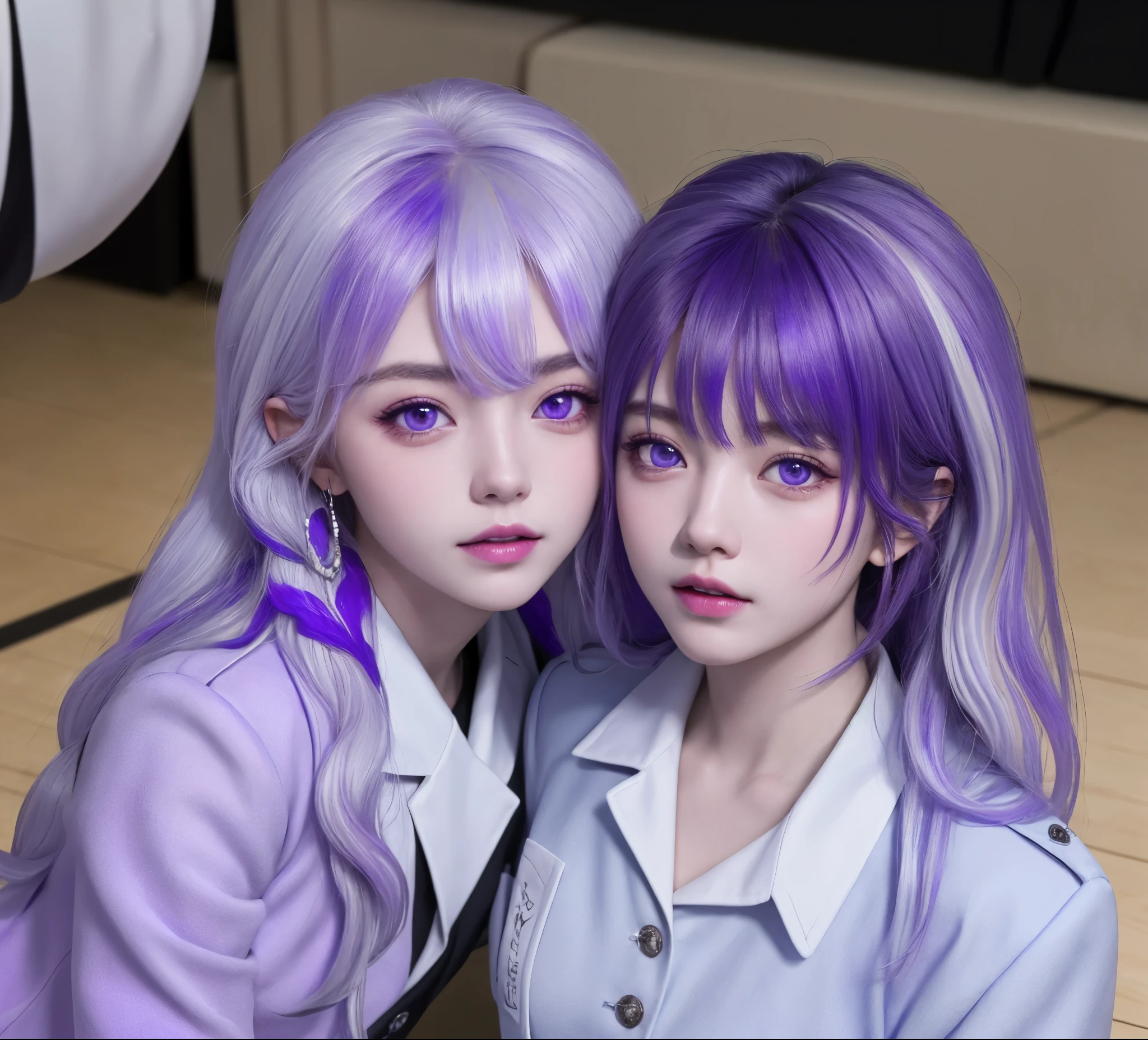 (masterpiece), (high quality), (8k resolution), (RAW photos), (best quality), (masterpiece:1.5), (Practical:1.5), ((photo Practical)), Vivid details, hyper Practical,2 Girls, (Lovely:1.2), beautiful, high quality、Delicate face, Perfect face, (purple hair and white hair:1.4), Red face,Two braids, delicate eyes, (Purple Eyes),Colored eyes,(Big watery eyes),National Foundation,, slim body, looking at the audience, Shut up, Real human skin, shiny skin, Mid-chest, ((Uniforms)), sit, floor,