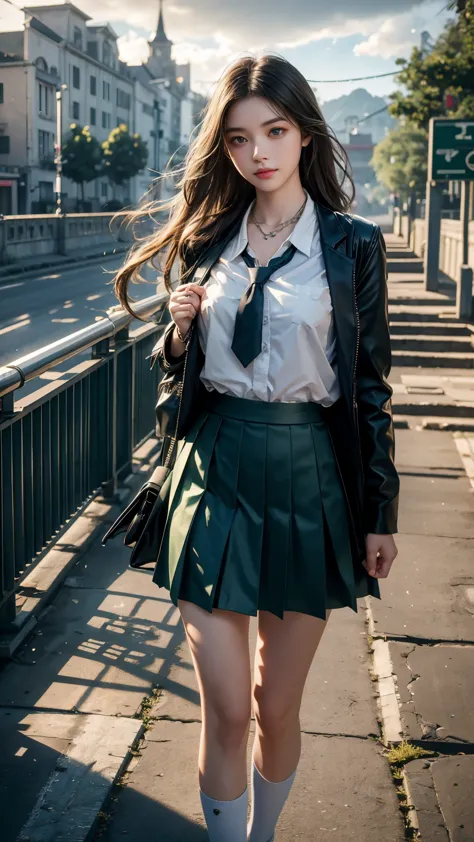 8K, UHD, masterpiece, 1 girl, good face, happy face, detailed eyes, very long hair, necklace, (school uniform), (green skirt), t...