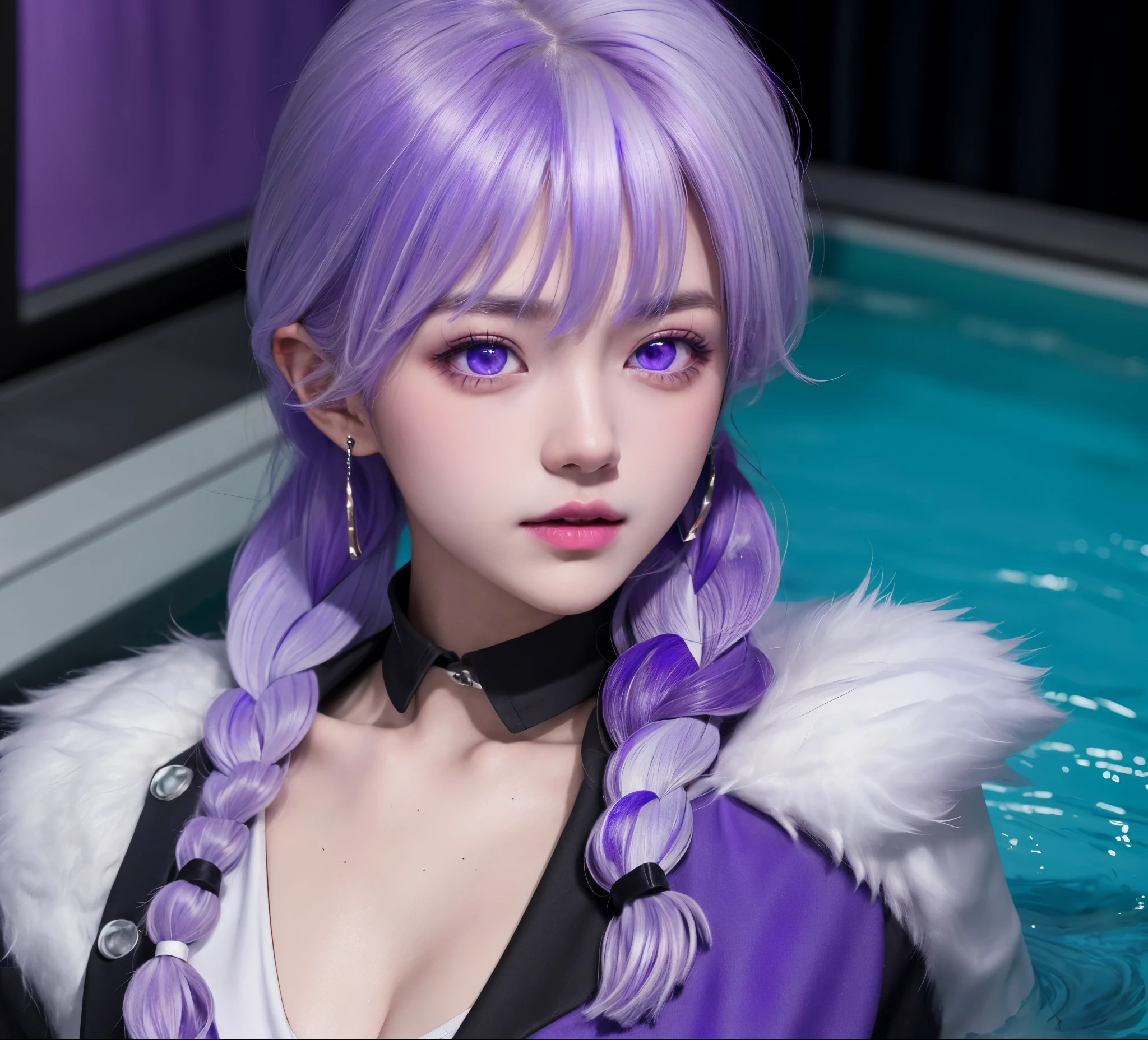(masterpiece), (high quality), (8k resolution), (RAW photos), (best quality), (masterpiece:1.5), (Practical:1.5), ((photo Practical)), Vivid details, hyper Practical,1 Girl,1 Boy, (Lovely:1.2), beautiful, high quality、Delicate face, Perfect face, (purple hair and white hair:1.4), Red face,Two braids, delicate eyes, (Purple Eyes),Colored eyes,(Big watery eyes),National Foundation,, slim body, looking at the audience, Shut up, Real human skin, shiny skin, ((Uniforms)), sit, floor,