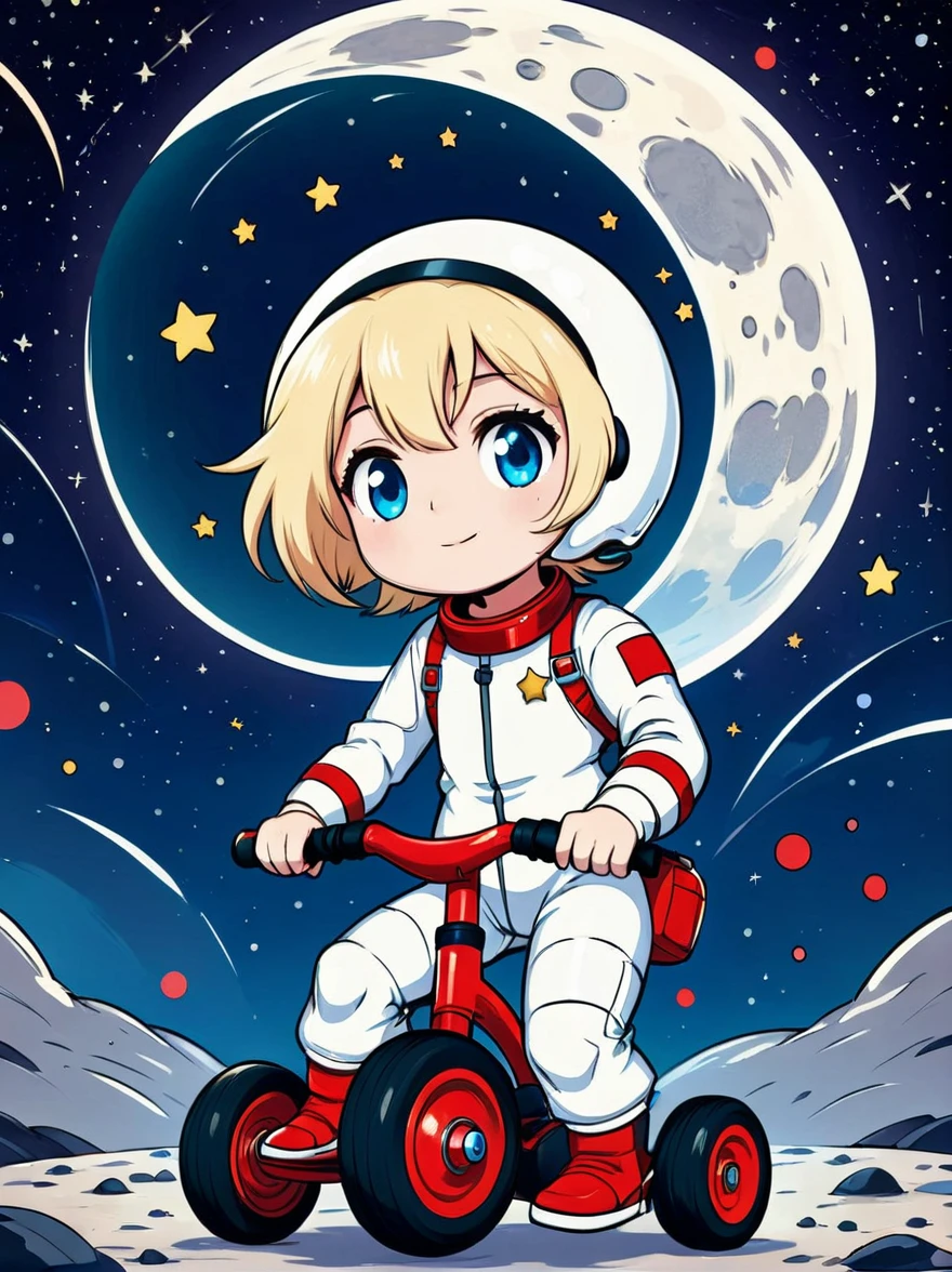 imagem cinematográfica cinematográfica Um astronauta visualmente impressionante em estilo chibi é retratado com detalhes notáveis, vestindo uma viseira preta e um terno branco com tiras vermelhas. Este adorável herói é capturado andando em um triciclo infantil com pneus grandes e aderentes, explorando a superfície da lua. O fundo mostra uma galáxia encantadora cheia de estrelas e maravilhas cósmicas. Esta obra de arte conceitual mistura anime, fotografia, ilustração, e tipografia para criar um retrato extravagante e imaginativo da exploração espacial.