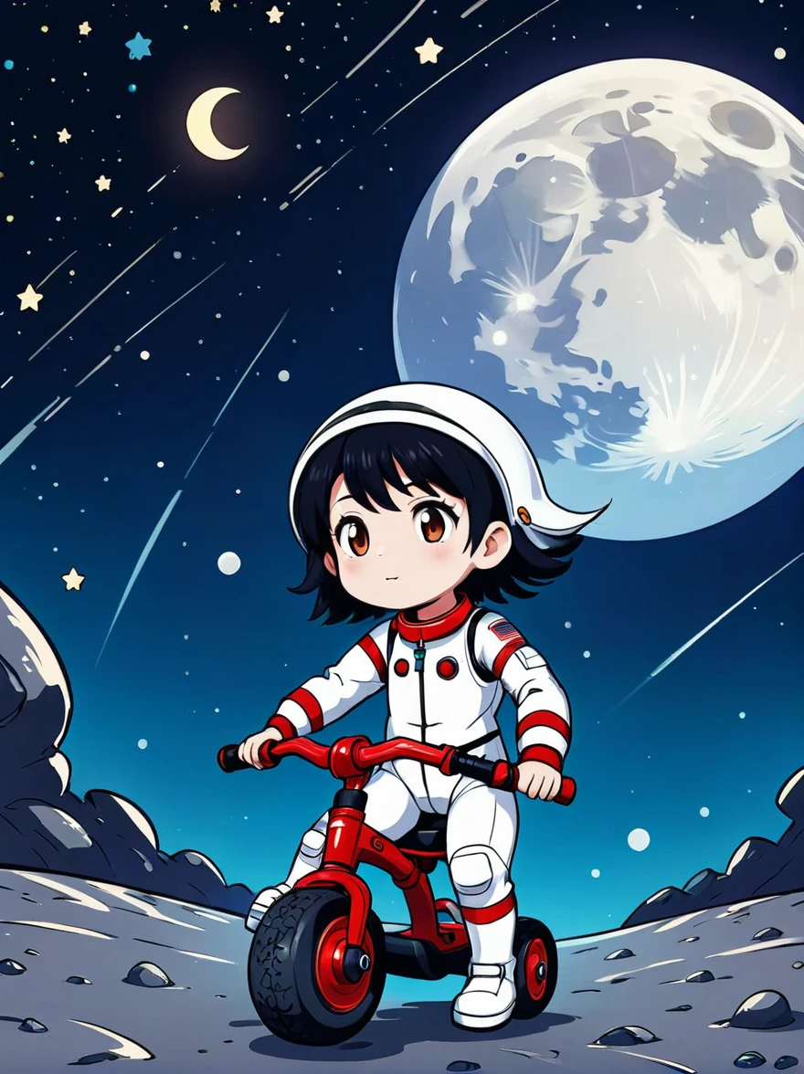 cinematic film still A visually striking chibi-style astronaut is depicted with remarkable detail, wearing a black tinted visor and a crisp white suit with red straps. This adorable hero is captured riding on a child's tricycle with big grippy tires, exploring the surface of the moon. The background showcases a delightful galaxy filled with stars and cosmic wonder. This conceptual art piece blends anime, photography, illustration, and typography to create a whimsical and imaginative portrayal of space exploration.