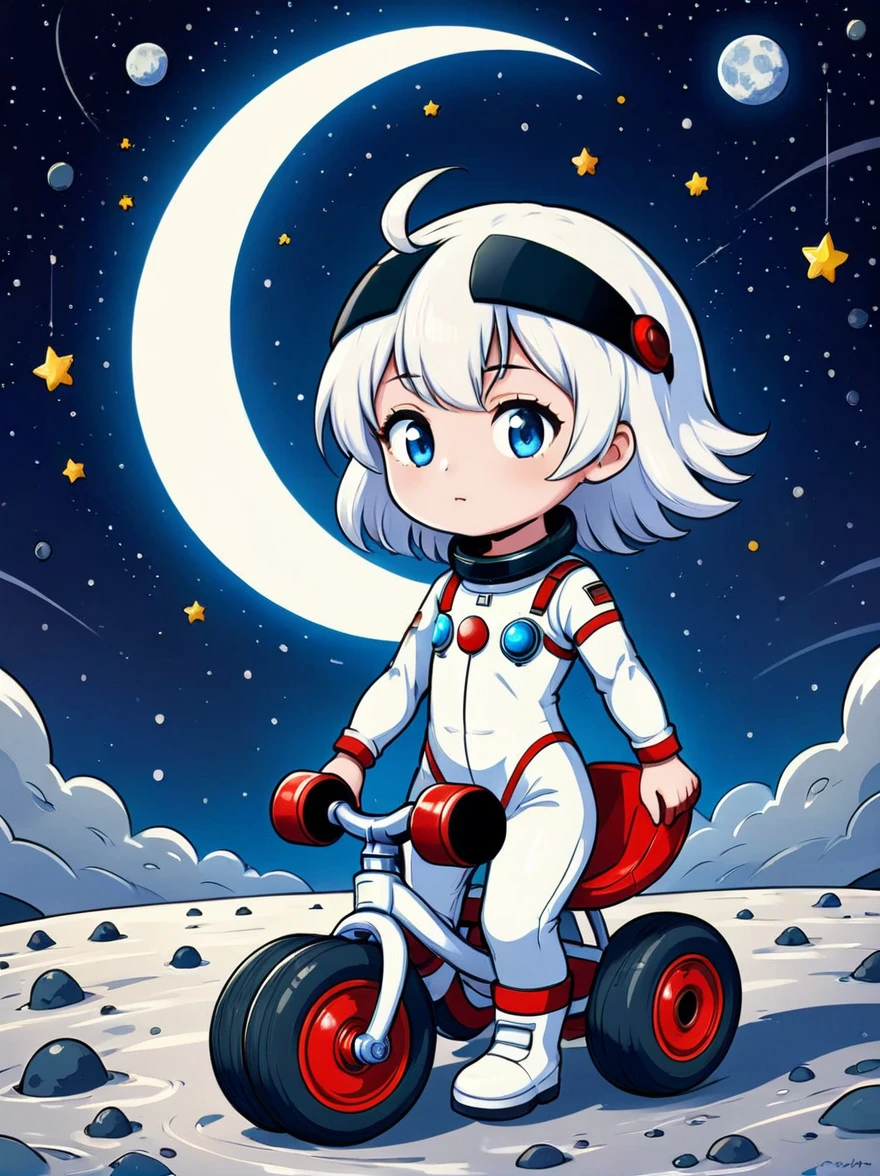 image cinématographique fixe Un astronaute de style chibi visuellement saisissant est représenté avec des détails remarquables, portant une visière teintée noire et un costume blanc impeccable avec des bretelles rouges. Cet adorable héros est photographié sur un tricycle pour enfant équipé de gros pneus adhérents., explorer la surface de la lune. L&#39;arrière-plan présente une charmante galaxie remplie d&#39;étoiles et de merveilles cosmiques. Cette œuvre d&#39;art conceptuel mélange l&#39;anime, la photographie, illustration, et typographie pour créer une représentation fantaisiste et imaginative de l&#39;exploration spatiale.