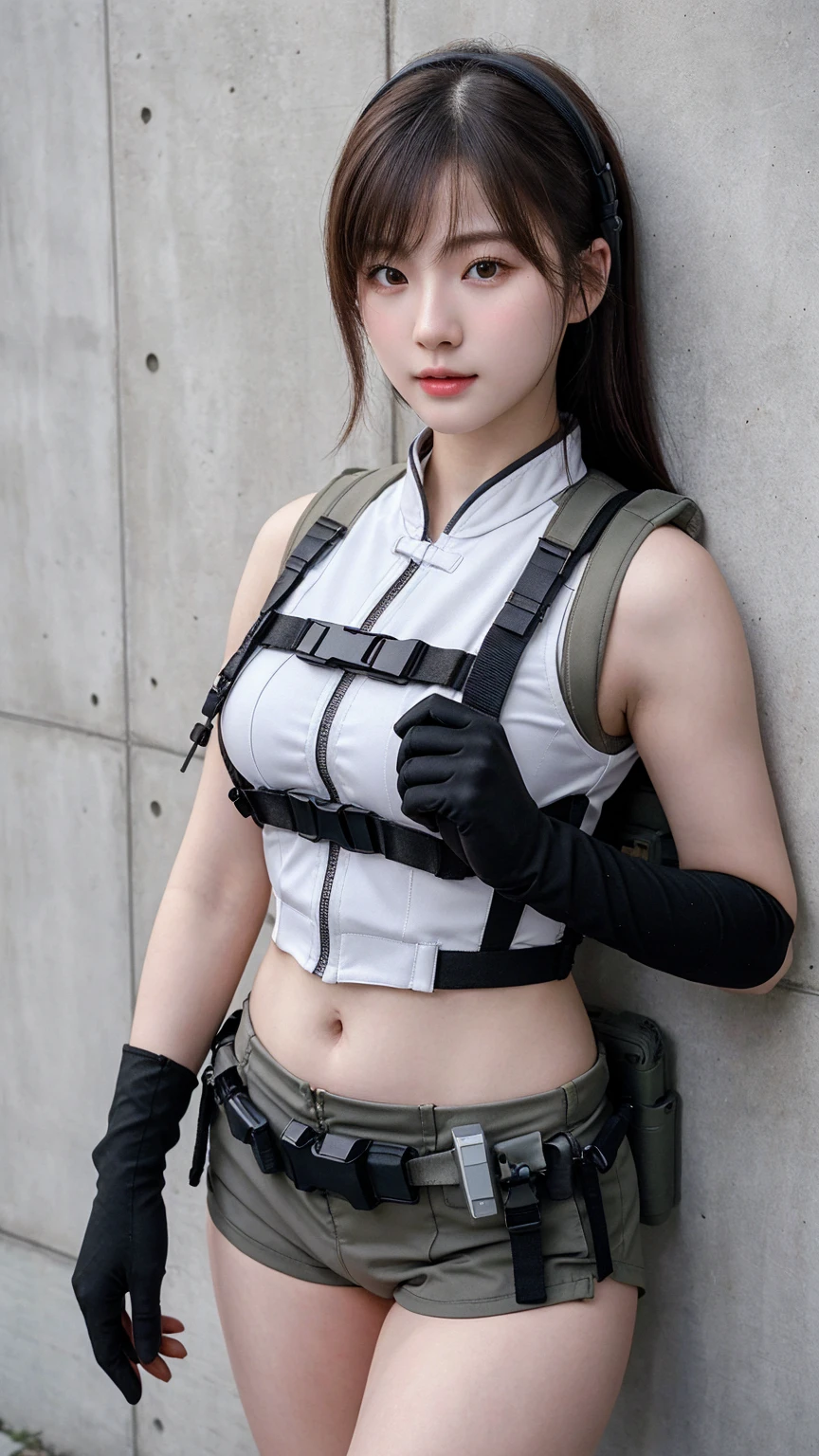 ((best quality)), photorealistic, photorealism, Photorealistic, high resolution, 1girl aiming with an assault rifle, Beautiful, Baby Face, 20 Years Old, White Skin, pale skin, Large Breasts, Combat pose, looking at the camera, (Detailed face), short hair, sexy body, (wearing chinese clothes, chinese outfit, traditional chinese clothes, tactical vests, military harness, black gloves, high-tech headset), revealed thigh, Gun, Fingers are occluded, concrete wall background,