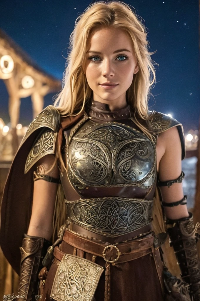 Jeune femme de 25 ans, visage fin, cheveux long, cheveux blonds, yeux bleus, HD, 8K, masterpiece, sourire romantique, sexy, metal lingery, celtic design chest armor, guerrière viking, celtic tattoo, at night, topless, aurore boreale, milky way