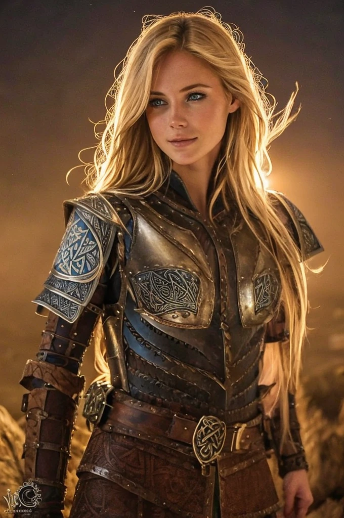 Jeune femme de 25 ans, visage fin, cheveux long, cheveux blonds, yeux bleus, HD, 8K, masterpiece, sourire romantique, sexy, metal lingery, celtic design chest armor, guerrière viking, celtic tattoo, at night, topless, aurore boreale, milky way