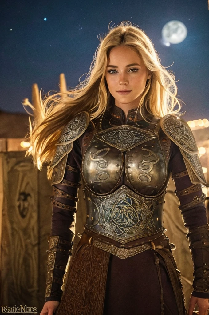 Jeune femme de 25 ans, visage fin, cheveux long, cheveux blonds, yeux bleus, HD, 8K, masterpiece, sourire romantique, sexy, metal lingery, celtic design chest armor, guerrière viking, celtic tattoo, at night, topless, aurore boreale, milky way