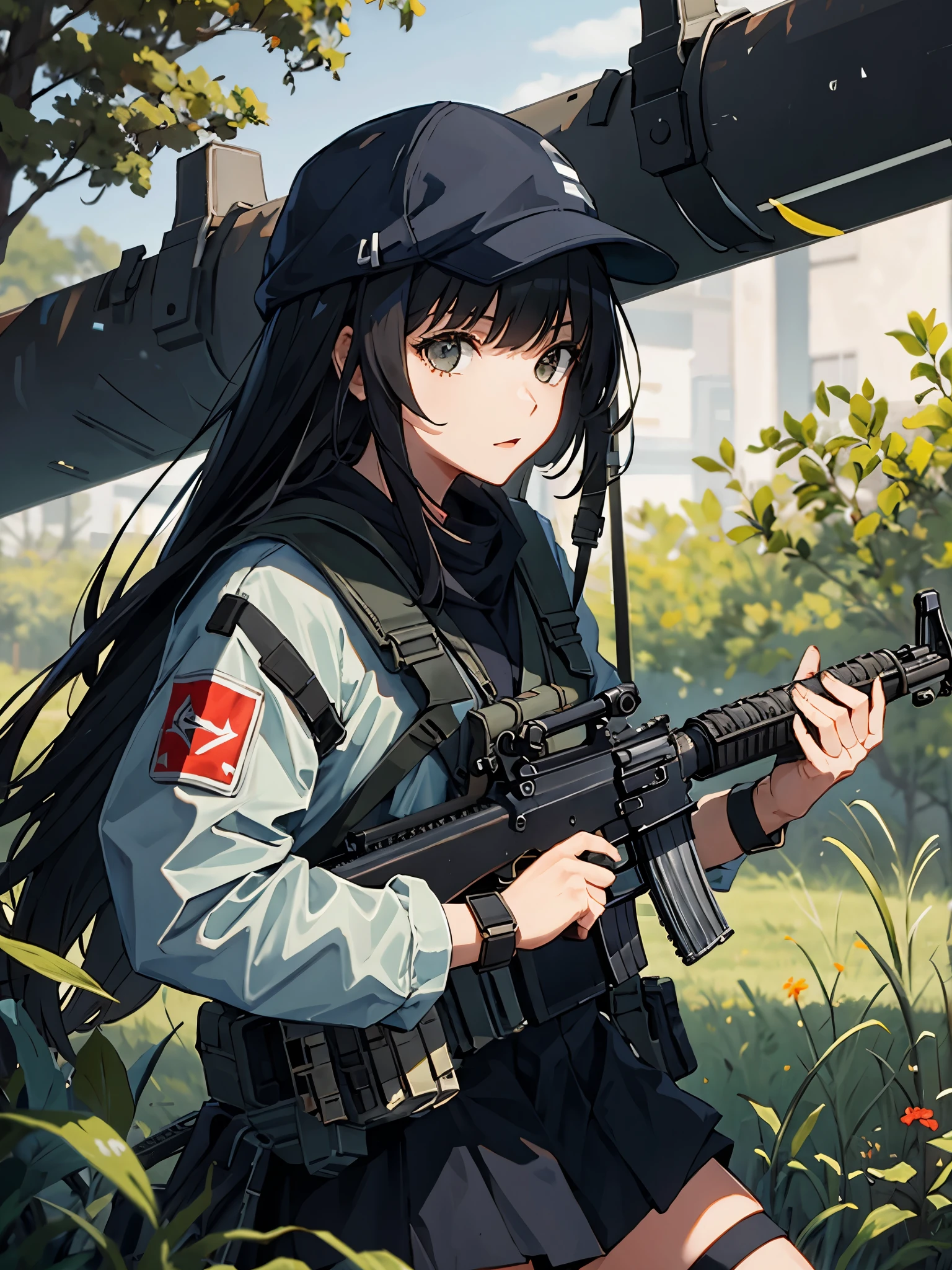 masterpiece, best quality, solo focus, 1girl, (holding an m16a2)