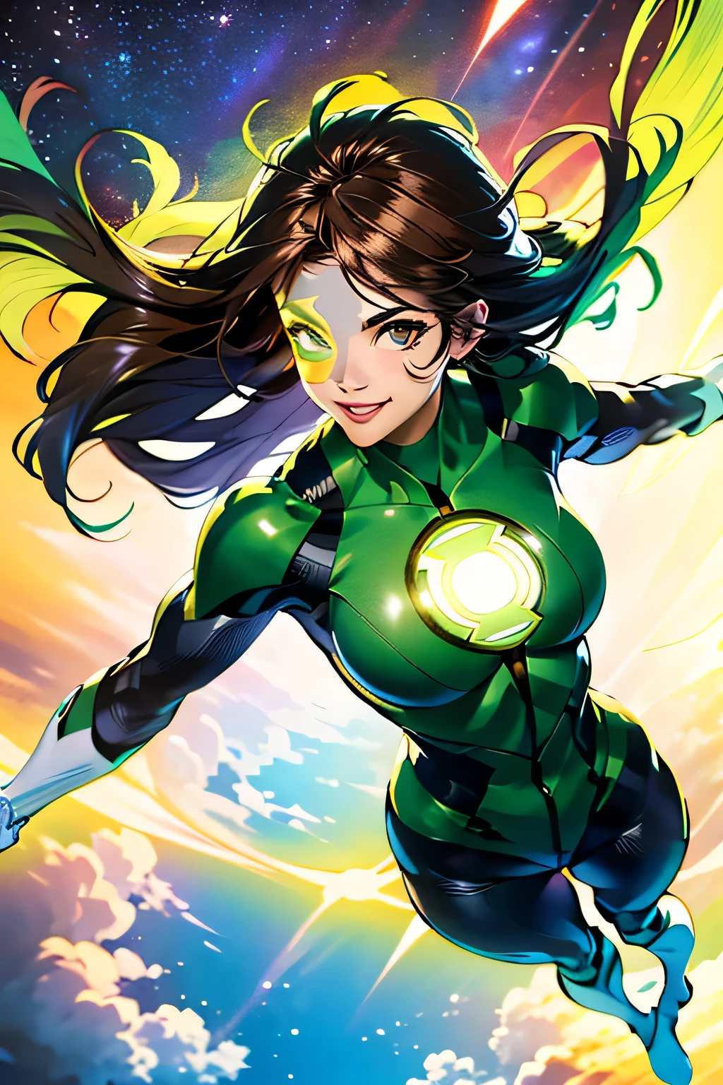 masterpiece, Best quality, 8k contract, SLR camera, soft lighting, High quality, smile, Upper body,  Jessicacruz, Dc, 1 Girl, Body, Green Lantern, White gloves, Brown hair, Body, Green Lantern symbol, Face paint, whole body, luminous, boots, Flying, floating hair, Cosmos, ring