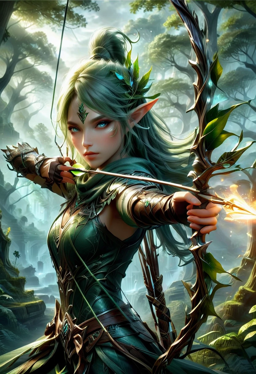 꼬마 요정, (길고 뾰족한 귀:1.5), 사격과 화살, 절하다 (무기), 활을 조준하다, 나무 캐노피에 웅크린 아름다운 엘프 사냥꾼, 사냥꾼의 두건을 쓰고, holding a intricate detailed enchanted elven 절하다, arrow made of light notched in the 절하다, 강요된 관점; 굉장히 멋진, 아슬 아슬한; 나쁜 구성, 서사시적인 스타일의 예술, 칸 리우; 다니엘 리앙; 앤 스톡스; 신시아 셰퍼드; 라비나 카이