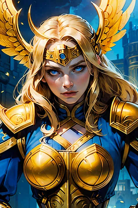 a blonde asgardian heroine. she wears dark blue armor, gold trim, (((norse helm with gold wings))), armored glove, deep v neck. ...