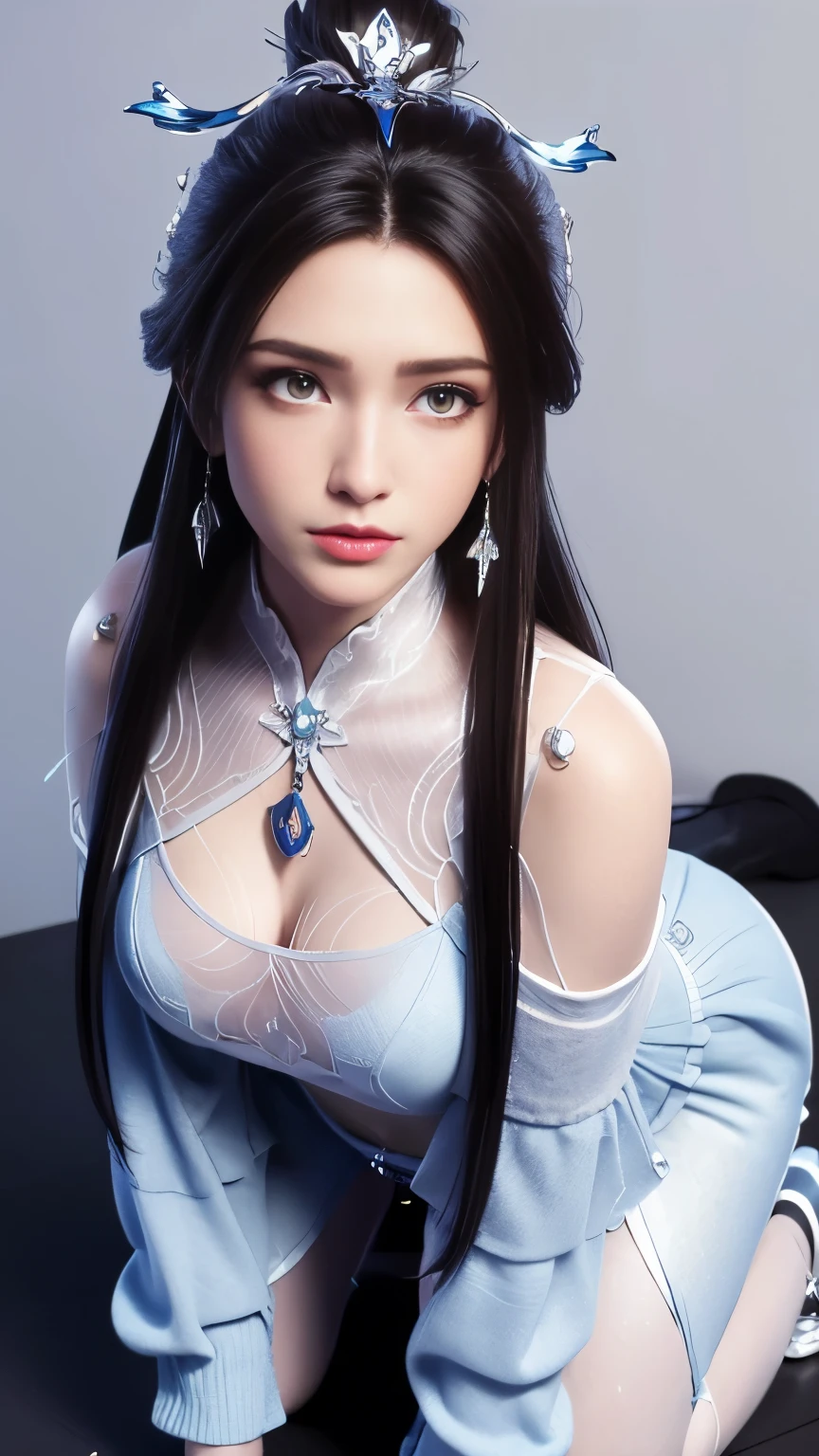 ((HRD, HUD, 8K)),((masterpiece, best quality)),highly detailed,1girl,solo,black hair,long hair,hair ornament,blue eyes,lips,earrings,jewelry,necklace,(off-shoulder sweater:1.2),denim shorts,black pantyhose,simple background,grey background,flat color background,full body,(all fours:1.2),looking at viewer,