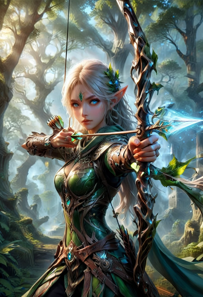 Elf, (long pointed ears:1.5), firing and arrow, bow (weapon), Aiming a Bow, A beautiful elven huntress crouching in a tree canopy, wearing a hunter's cowl, holding a intricate detailed enchanted elven bow, arrow made of light notched in the bow, forced perspective; stunning, breathtaking; Badass composition, epic style art, Kan Liu; Daniel Liang; Anne Stokes; Cynthia Sheppard; Ravina Cai