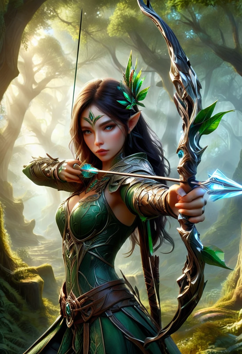 Elf, (long pointed ears:1.5), firing and arrow, bow (weapon), Aiming a Bow, A beautiful elven huntress crouching in a tree canopy, wearing a hunter's cowl, holding a intricate detailed enchanted elven bow, arrow made of light notched in the bow, forced perspective; stunning, breathtaking; Badass composition, epic style art, Kan Liu; Daniel Liang; Anne Stokes; Cynthia Sheppard; Ravina Cai