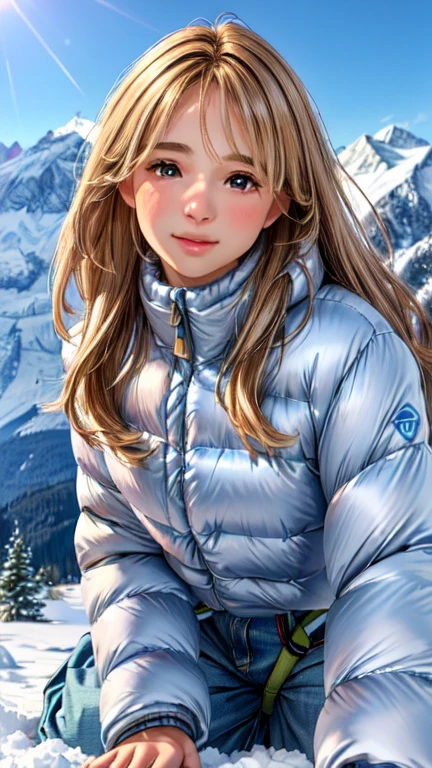 (highest quality,4K,High resolution,masterpiece:1.2),Super detailed,(Realistic,photoRealistic,photo-Realistic:1.37),Beautiful and detailed scenery,A girl climbs a slope from behind,Detailed view of the majestic mountain peak,(Winter outdoor climber style) clothing,A person reaching out to the sunlight from a mountaintop,Beautiful earthy color landscape,Filled with hope and optimism,Expressions that evoke warm and welcoming feelings,Focus on the landscape,Small portrait of a girl,The girl looks like she is having fun and wants to have fun.