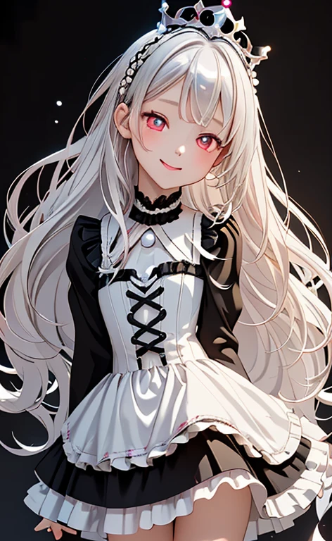 (Photorealistic:1.4)、asuna,(masterpiece、lens flare:1.5、spot light:1.2、Exquisite beautiful eyeonochrome:1.5,portlate、)(little devil:1.3),()
、Cute Face、 3D Face、(pearl white hair:1.5)、(wavy hair:1.3),(1 Girl)、(Red eyes:1.2)、(cowboy shot)、(happy:1.5)、(head tilt) ,(Cute face:1.2),(flat chest),(half closed eyes:1.3),kind face,(white　lace frilled gothic lolita),(black background:1.5)、(glowing eyes:1.3)、(little crown:1.3)、 Neat and clean、Adorable、Slim Body(Tareme:1.5),Shiny Hair、(Glowing pink Skin)、Nijisketch,Manga,beautifuljapanesewoman