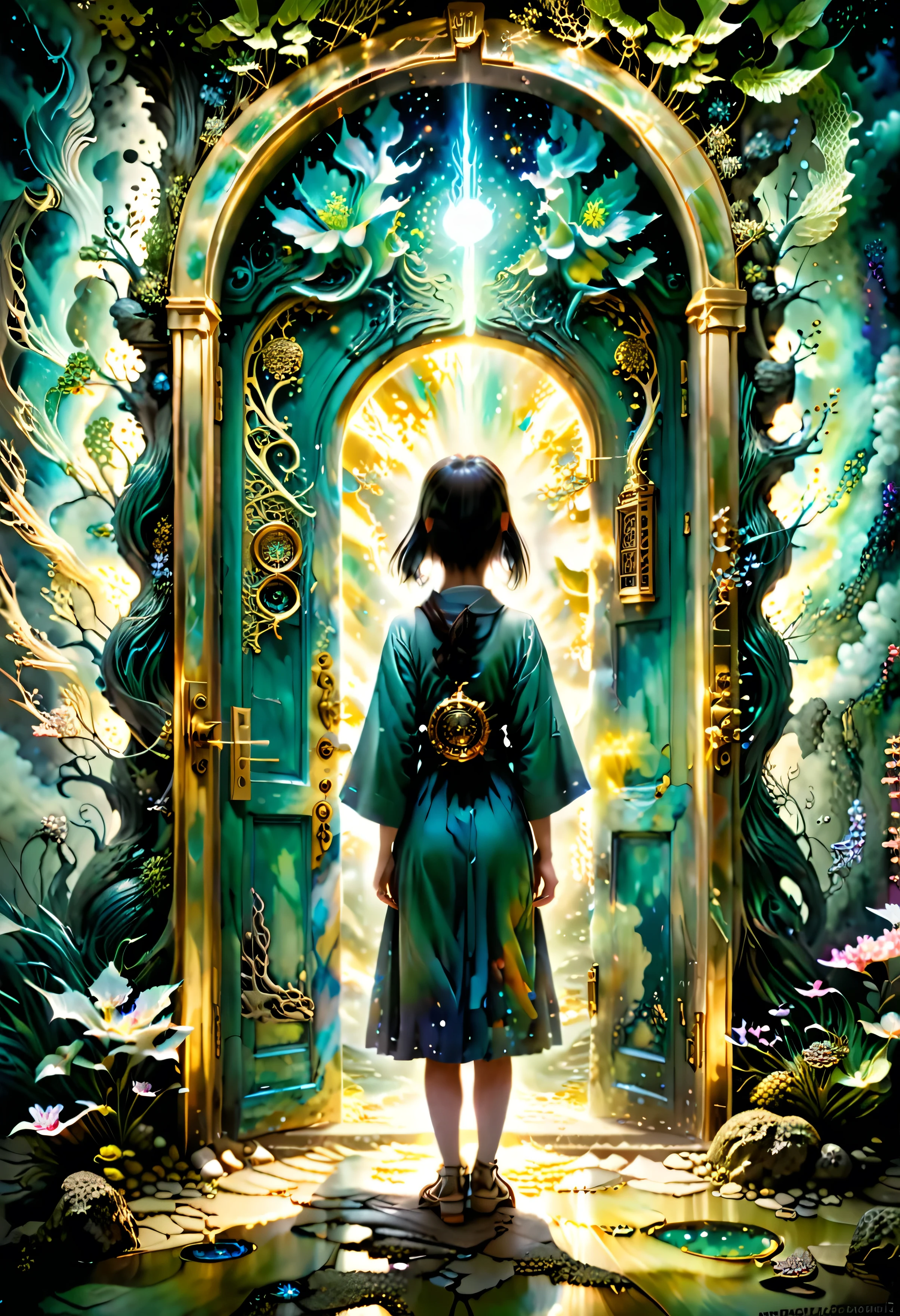 A mystical forest shrouded in ethereal mist with pastel blue and green hues, creating an otherworldly atmosphere. In the center, a young girl stands before an ornate, half-opened ancient Japanese door. The door is decorated with traditional motifs and emits a soft, mysterious light. Ghostly silhouettes of characters from “Spirited Away,” including a serpentine Haku in dragon form, float in the background, adding a touch of magic and mystery. The girl holds a large key, symbolizing the opening of new paths and the search for understanding. Around her, coins slowly fall, symbolizing material needs and resources. Near the ground, shadowy hands emerge, representing feelings of entrapment and manipulation. The lighting is soft and diffused, dominated by cool blues and greens with touches of golden light emanating from the door, symbolizing hope and resilience. The overall effect is dreamy and immersive, blending the realms of reality and fantasy.