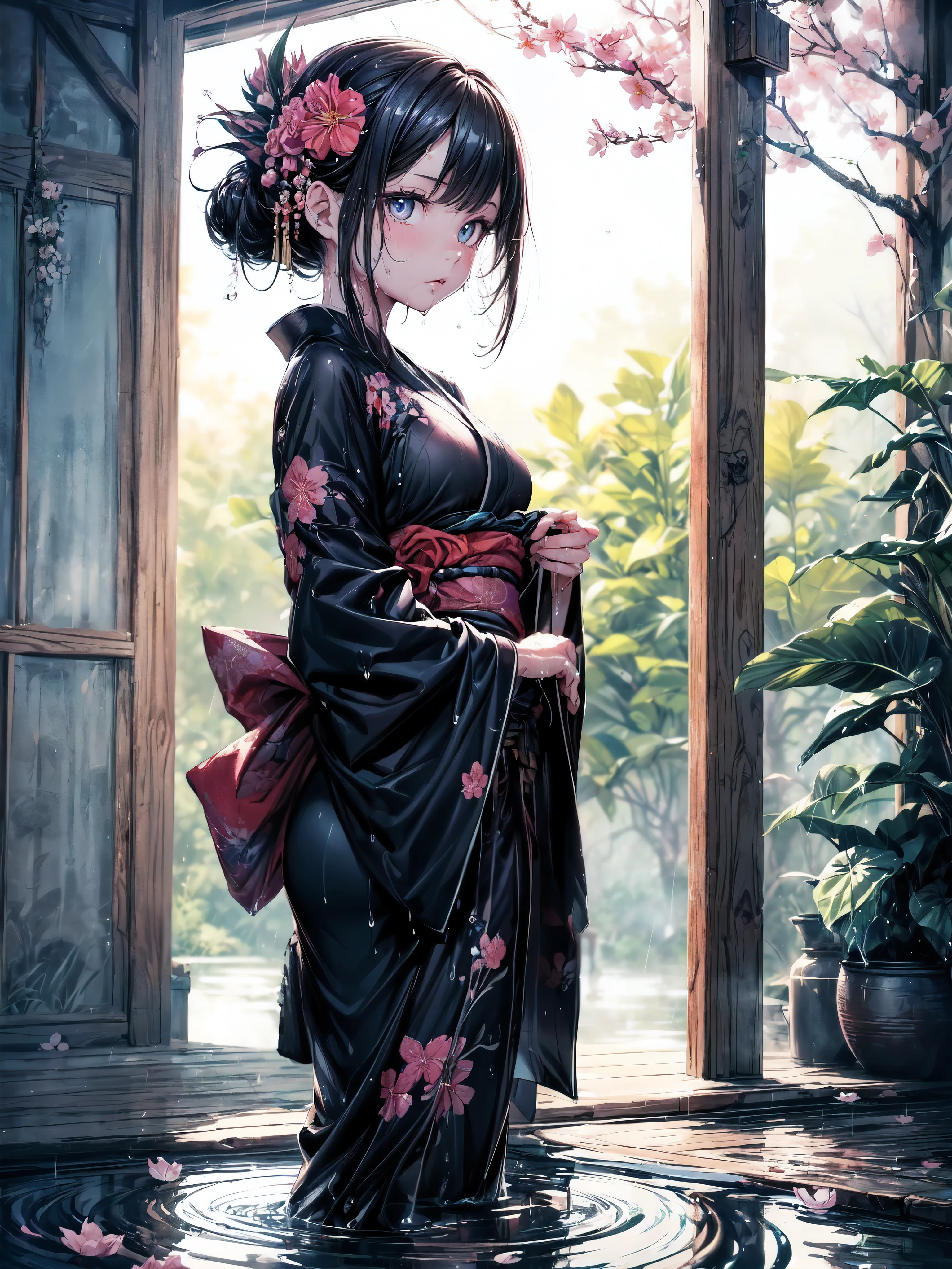 (A :1.2), (very young little girl), , (Solo), (small breast), (wide angle), raw photo, Aesthetic, Convoluted, Awarded, chiaroscuro, Best Quality, Detailed background, (Misty atmosphere:1.2), (hard rainy day:1.1),((Girl in black cotton kimono:1.2)), large black cotton kimono, large black kimono with a cotton texture, very long black kimono sleeve, best wrinkles, real wrinkles, best shadows, (wet, wet body, wet hair, wet skin, very wet black kimono, reflection on the wet kimono, delicate cherry blossom embroidery, subtle water droplets:1.15), (water spray:1.1), (Cloth kimono, best kimono wrinkle, Transparent mucus wrapping), (Walk through the (Mist dark Zen Garden)), (Real location), Delicate and beautiful eyes, Casual pose, Detailed textures, Posing, (Anatomically correct body, detailed face, (very detailed textures kimono with floral pattern), (black hair), Voluminous hair, Hair Ornament, vivid colors, calm expression, look at viewer, peaceful scenery, clean and fresh feeling, Beautiful and detailed water