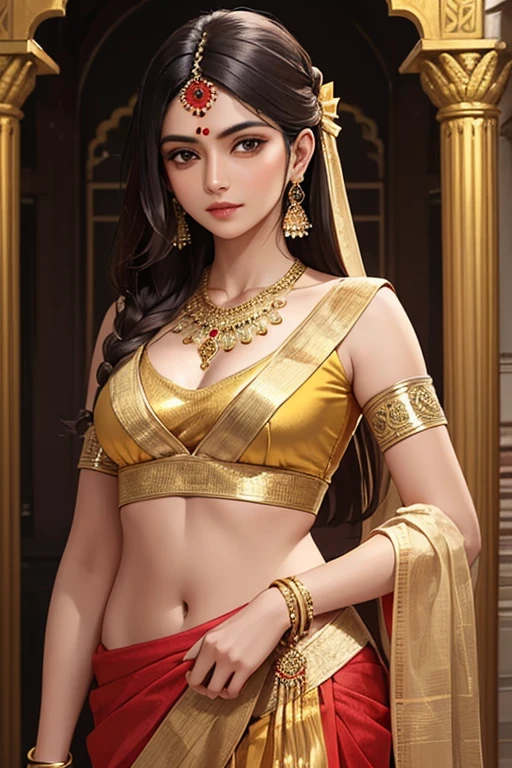 Meisterwerk ,beste Qualität, Eine wunderschöne indische Hindu-Frau in einem rot-goldenen Sari mit hellem Haar, Blumen, mit einem gutaussehenden Mann mit dunkler Hautfarbe in einem indischen, goldenen Dhoti mit nacktem Oberkörper und antikem indischem Männer-Schmuck, Halslanges Haar mit Schleife und Pfeil