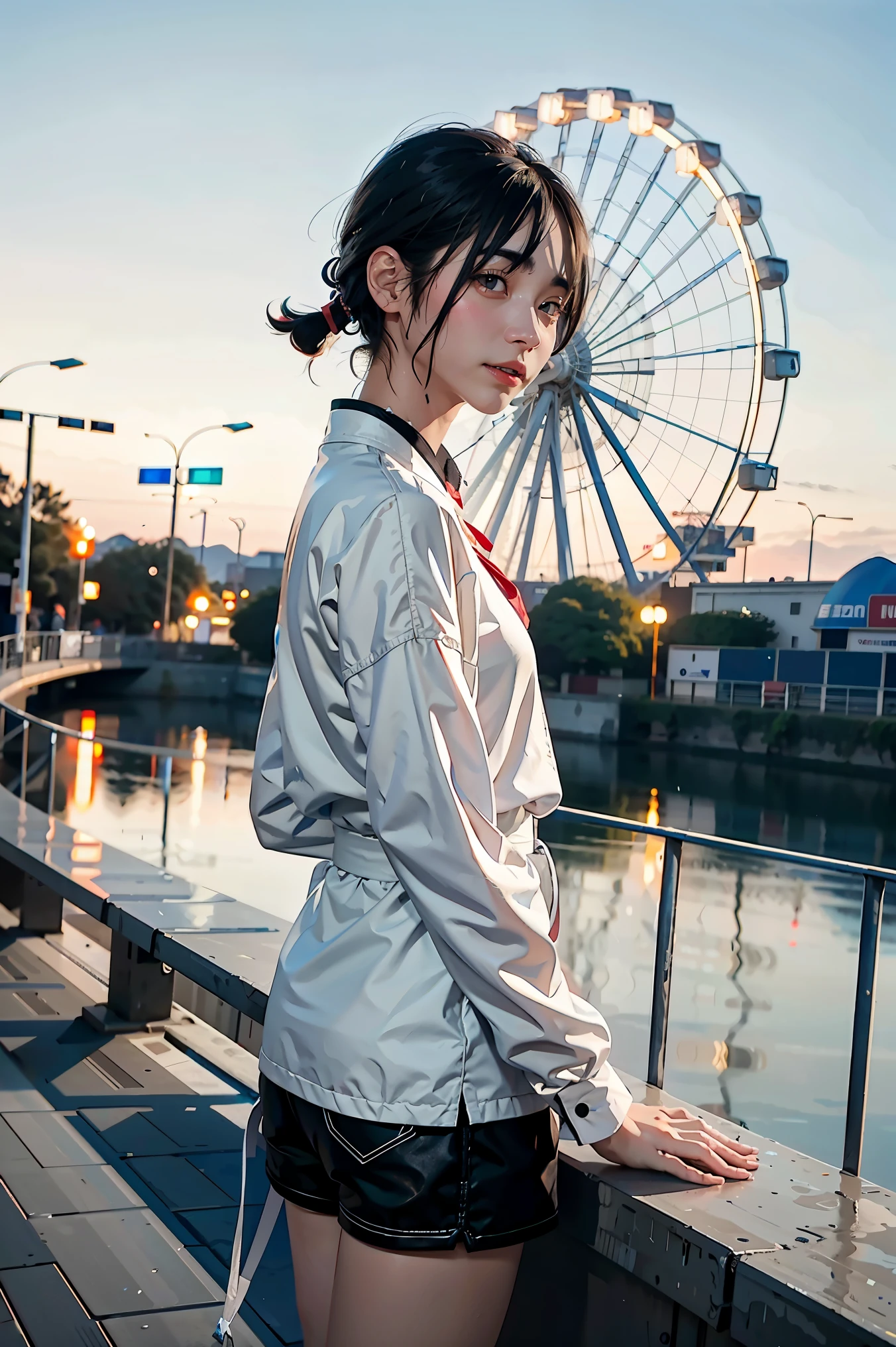 arafed woman standing on a ledge with a ferris wheel in the background, hyung tae, jinyoung shin, album art, cai xukun, profile picture 1024px, kim doyoung, hong june hyung, yanjun chengt, bladee from drain gang, male ulzzang, xintong chen, taken with canon eos 5 d mark iv