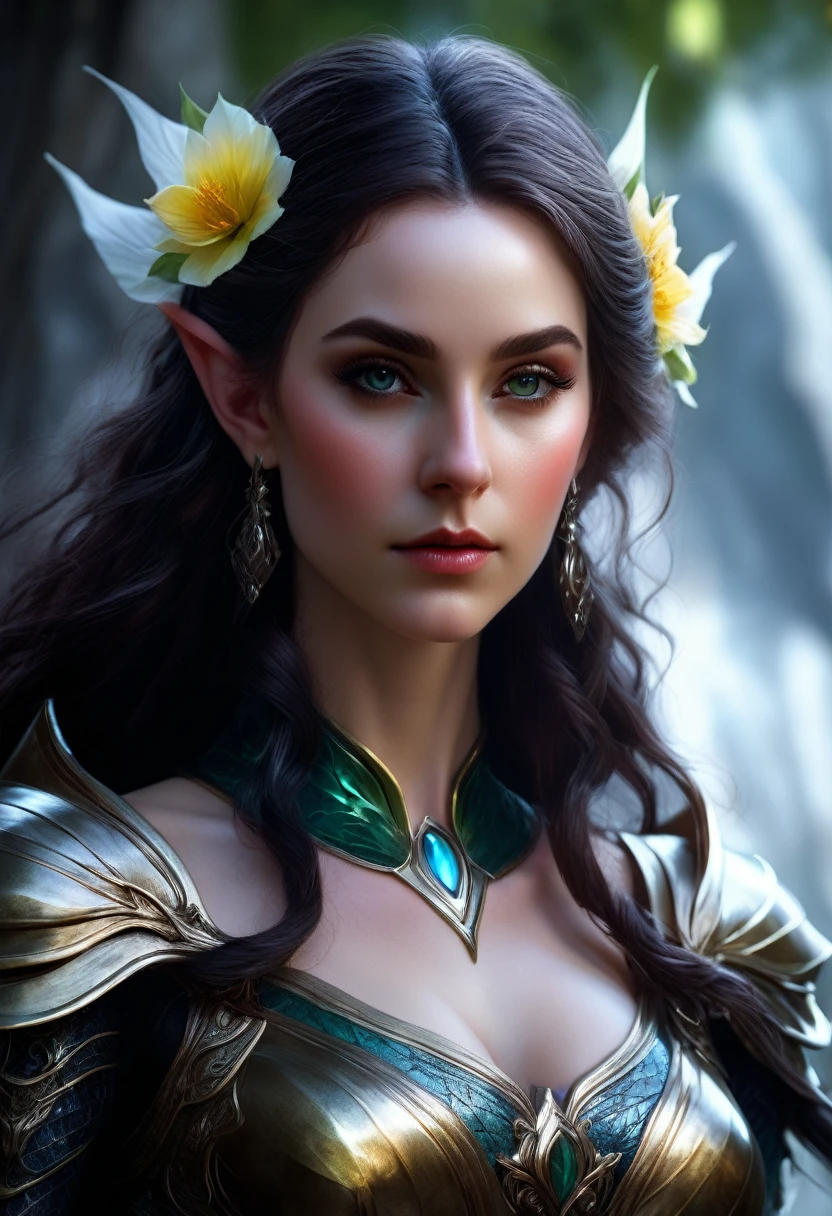 Elf, (Lange spitze Ohren:1.5), Artgerm, Wlop, Greg Rutkowski; Schöne Elfe, detaillierte Schüler, kompliziertly Designed Flower Armor, perfektes Gesicht, Foto aufgenommen mit Nikon D750, kompliziert, elegant, digitale Illustration, szenisch, Hyperrealistisch, hyperdetailliert, 8k unheimlich von Greg Rutkowski Horror Gustave Doré Greg Rutkowski, Superhelden-Haltung