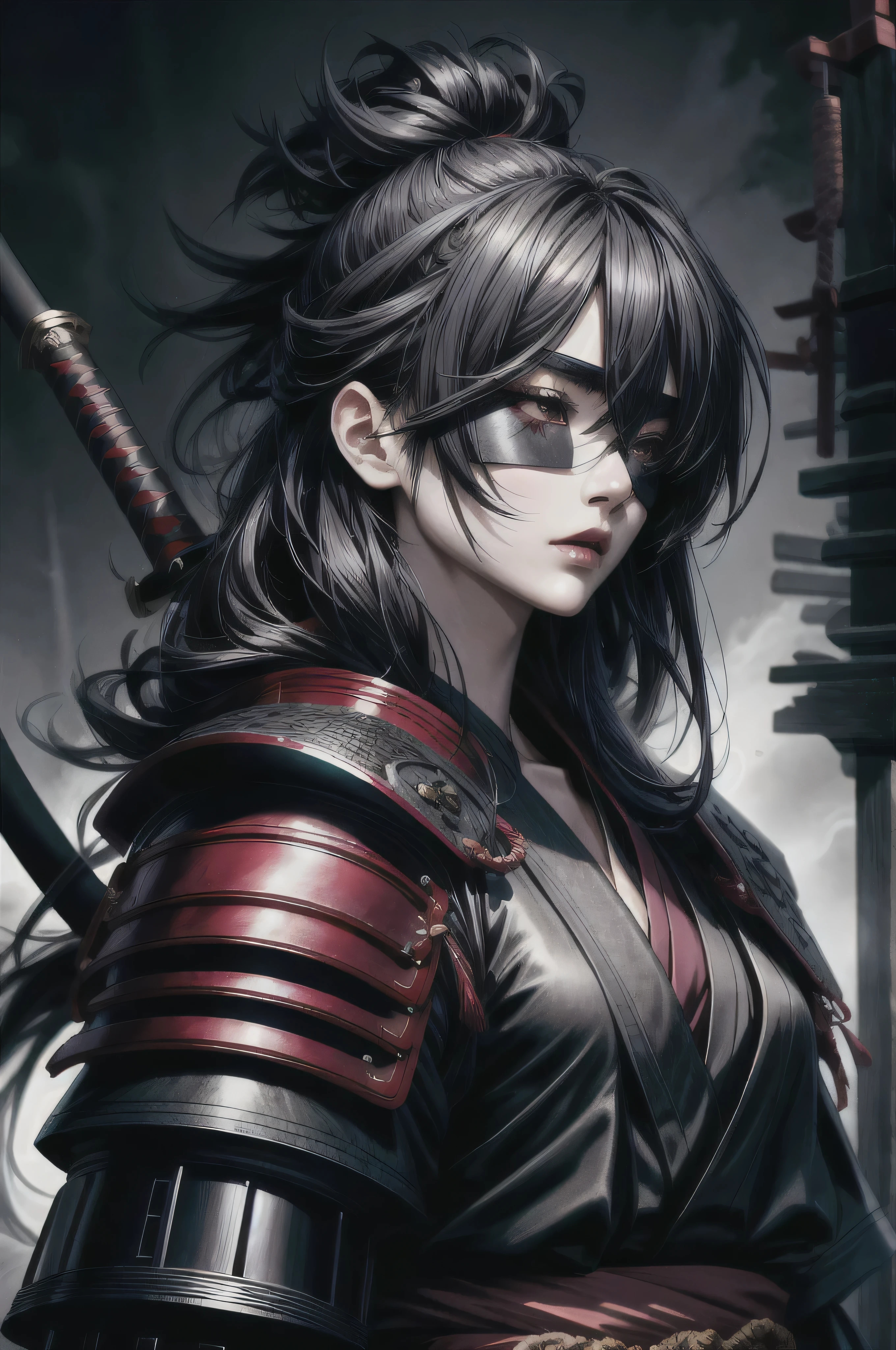 a full body blind samurai girl with blindfold, detailed face and eyes, beautiful detailed lips, long eyelashes, detailed kimono, sword, samurai armor, dynamic pose, cinematic lighting, mist, dark moody atmosphere, dramatic lighting, fantasy, highly detailed, 8k, photorealistic, award winning digital art