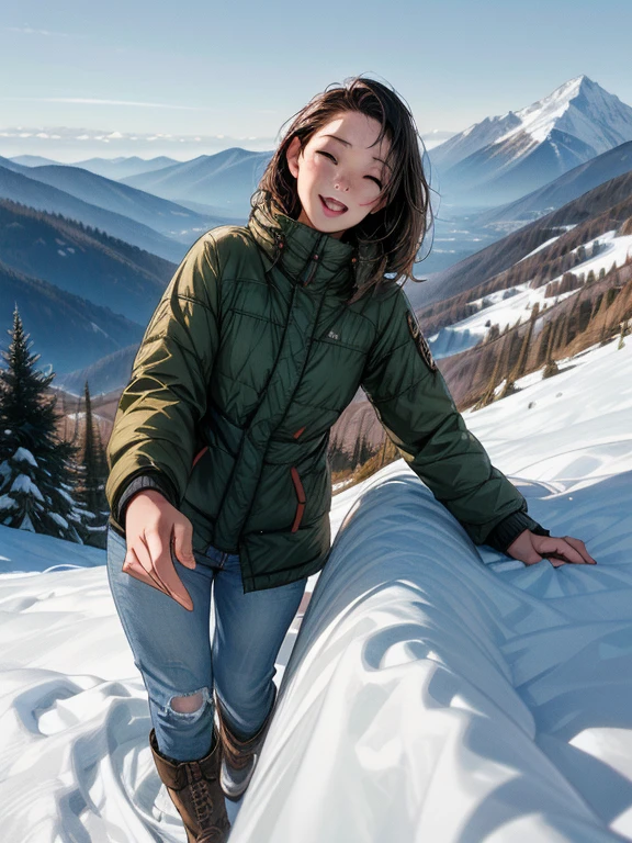 (highest quality,4K,High resolution,masterpiece:1.2),Super detailed,(Realistic,photoRealistic,photo-Realistic:1.37),Beautiful and detailed scenery,A girl climbs a slope from behind,Detailed view of the majestic mountain peak,(Winter outdoor climber style) clothing,A person reaching out to the sunlight from a mountaintop,Beautiful earthy color landscape,Filled with hope and optimism,Expressions that evoke warm and welcoming feelings,Focus on the landscape,Small portrait of a girl,The girl looks like she is having fun and wants to have fun.