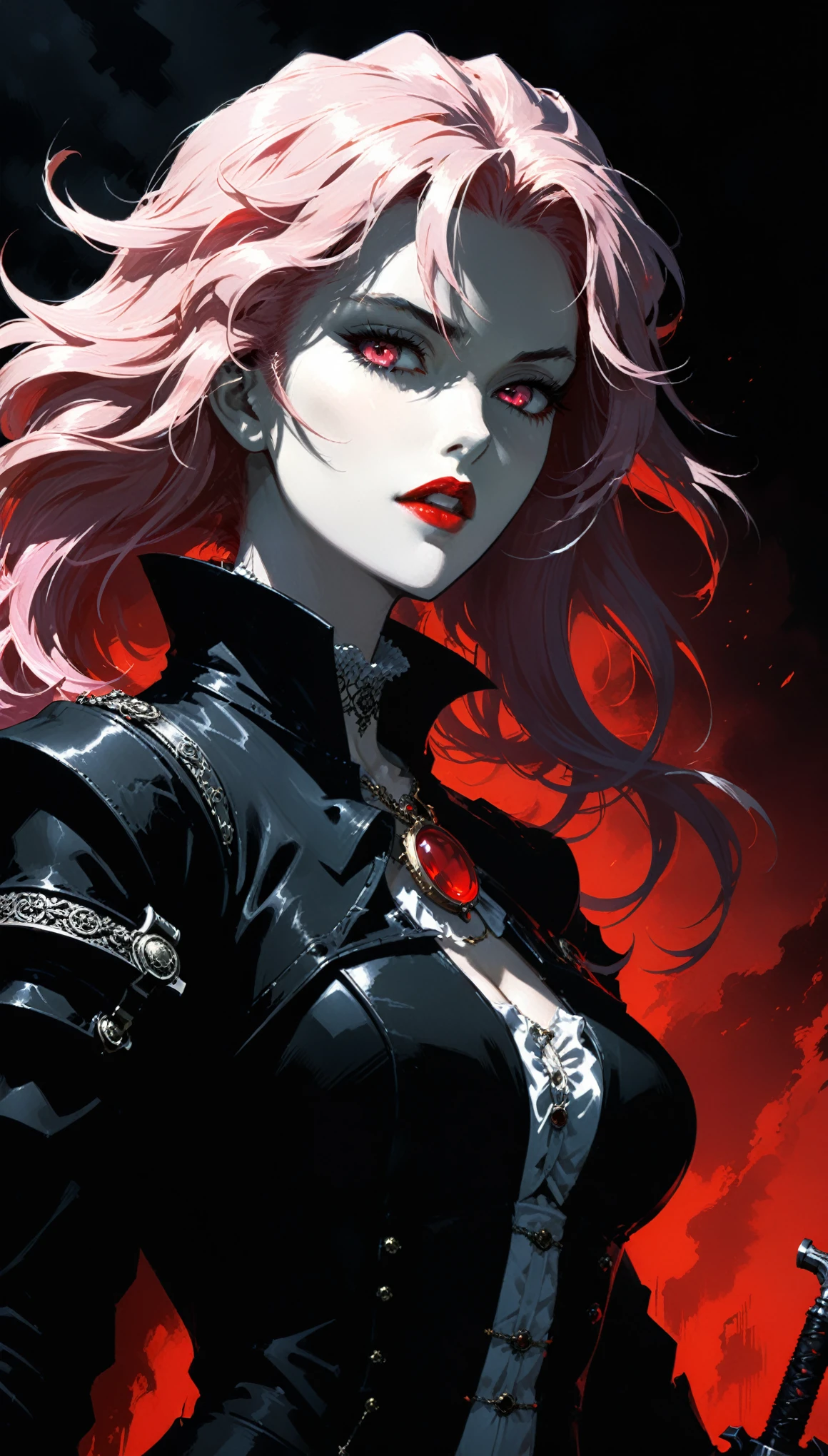 in style of Ashley Wood,
(2d comic style:1.3),(1990s \(style\):1.3),(vampire hunter D style:1.2),charlotte, an aristocratic maiden closeup,vivid colors,(dynamic action:1.2),
BREAK
(Rose Quartz:1.3),(the red crescent moon background:1.4),sharp,sharp image,(insanely detailed and intricate, hypermaximalist, elegant, ornate, hyper realistic, super detailed:1.1),extremely detailed,Amazing resolution,8k,(Ray Tracing:1.3),masterpiece,(Particle Effects:1.3),(Beautiful Effects:1.3),
BREAK
(darkness:1.4),(extreme shadows:1.4),(Best Shadow:1.4),dark atmosphere,