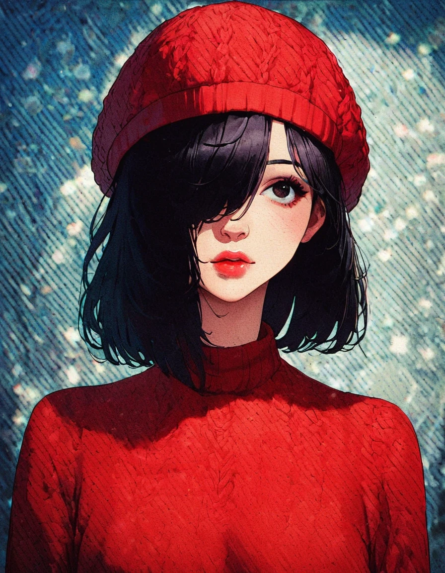 score_9, knva, halftone effect, 1girl, solo, red sweater, black bob hair, hair covering one eye, red knitted hat,